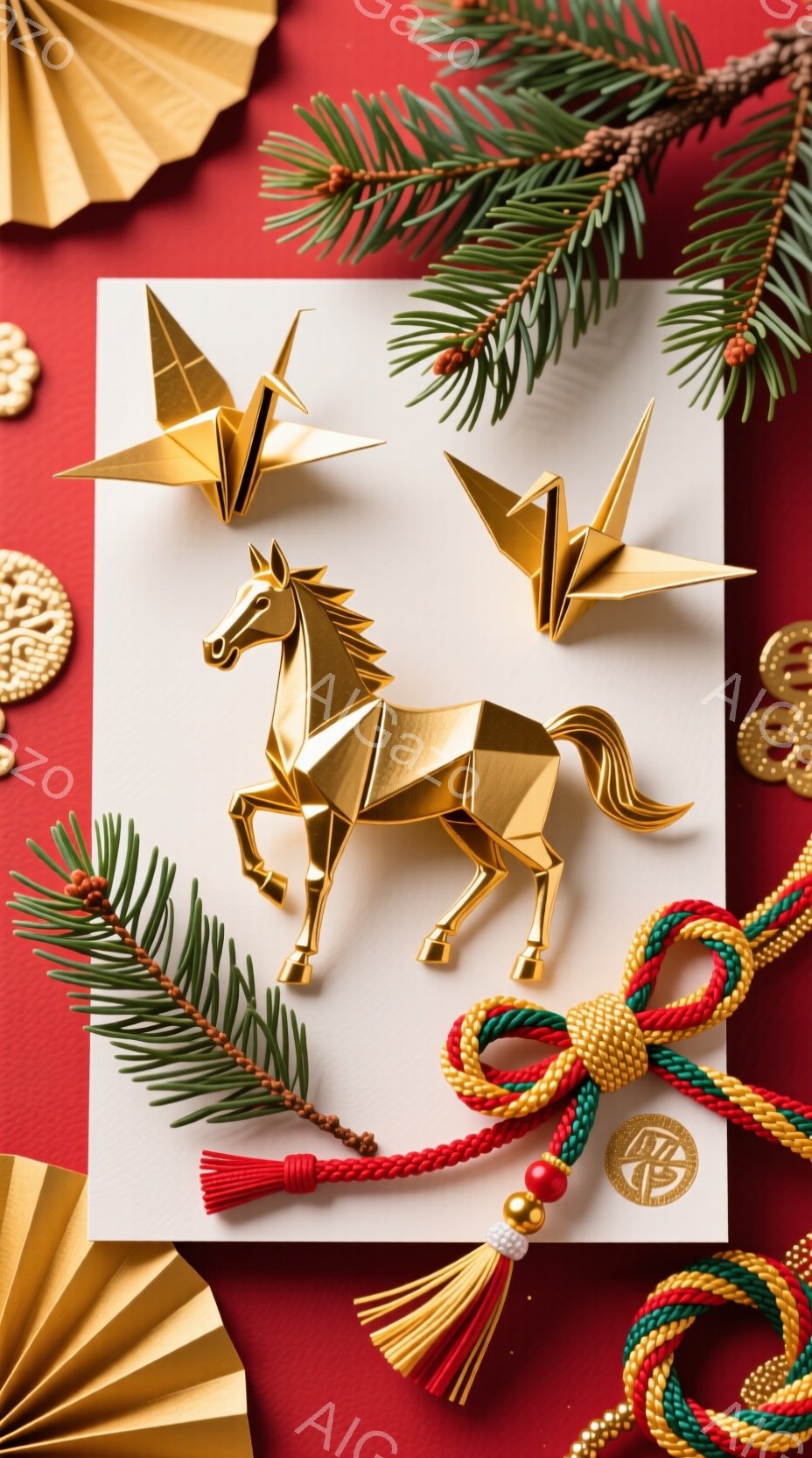 鮮やかな赤色の背景に、白い紙に折り紙の馬と鶴が飾られています。馬は金色で、生き生きとした躍動感のある姿勢で、鶴は翼を広げて飛び立つように配置されています。背景には緑の松の葉と、金色の組紐がアクセントとして添えられ、お祝いの雰囲気を醸し出しています。