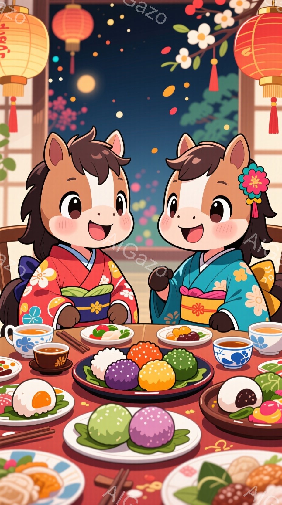 二頭の馬が、日本の伝統的な着物を着て、食卓を囲んでいます。片方の馬は赤い着物で、もう片方の馬は水色の着物で、どちらも笑顔で楽しそうな表情をしています。背景には提灯が飾られ、食卓には様々な色とりどりの団 - AI生成フリー素材