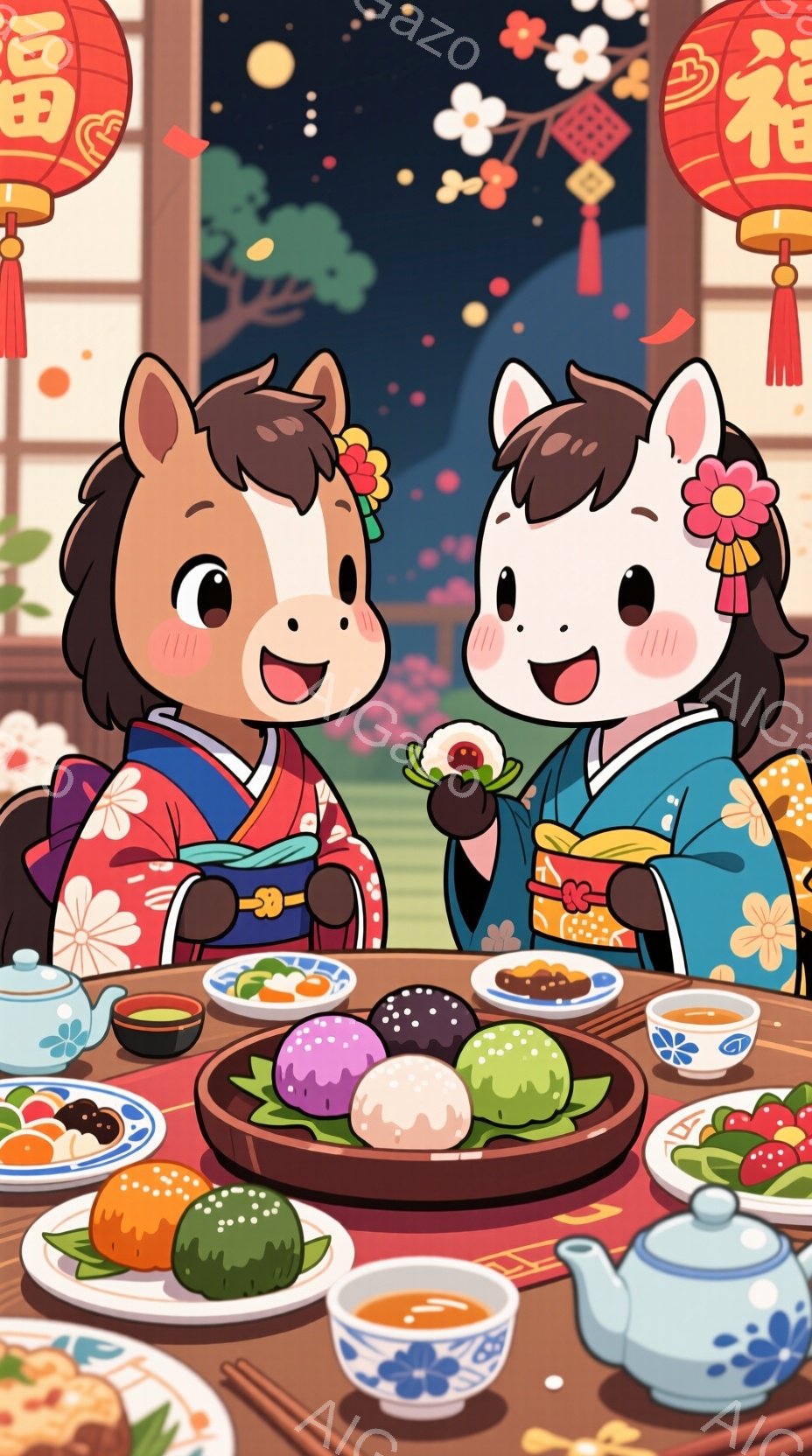 二匹の馬が、日本の伝統的な着物を着て、テーブルを囲んで食事を楽しんでいます。テーブルの上には、色とりどりの団子や果物、お茶が並べられ、春らしい華やかな雰囲気です。背景には、ぼんやりと見える建物と桜が咲き誇る木があり、穏やかで温かい春の夜を思わせます。