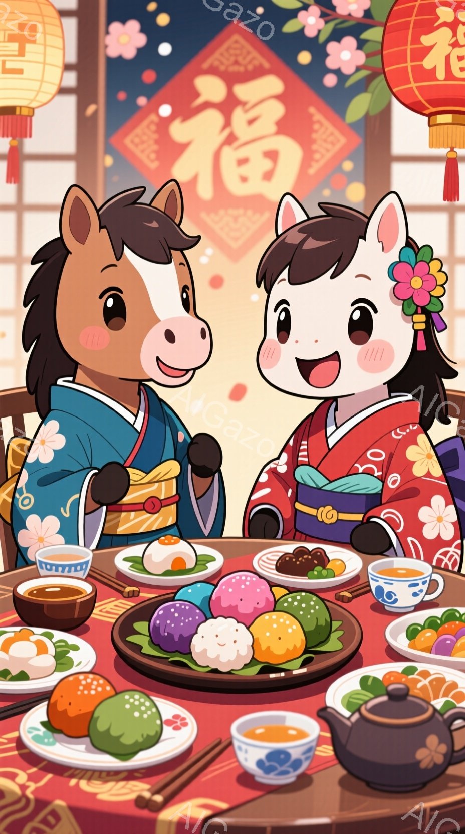 着物を着た二頭の馬が、お祝いの食事が並んだ食卓を囲んでいる様子を描いています。男性の馬は藍色の着物で、女性の馬は赤い着物と髪飾りをつけており、共に微笑んでいます。背景には赤い提灯と花が飾られ、お祝いの雰囲気が漂っています。