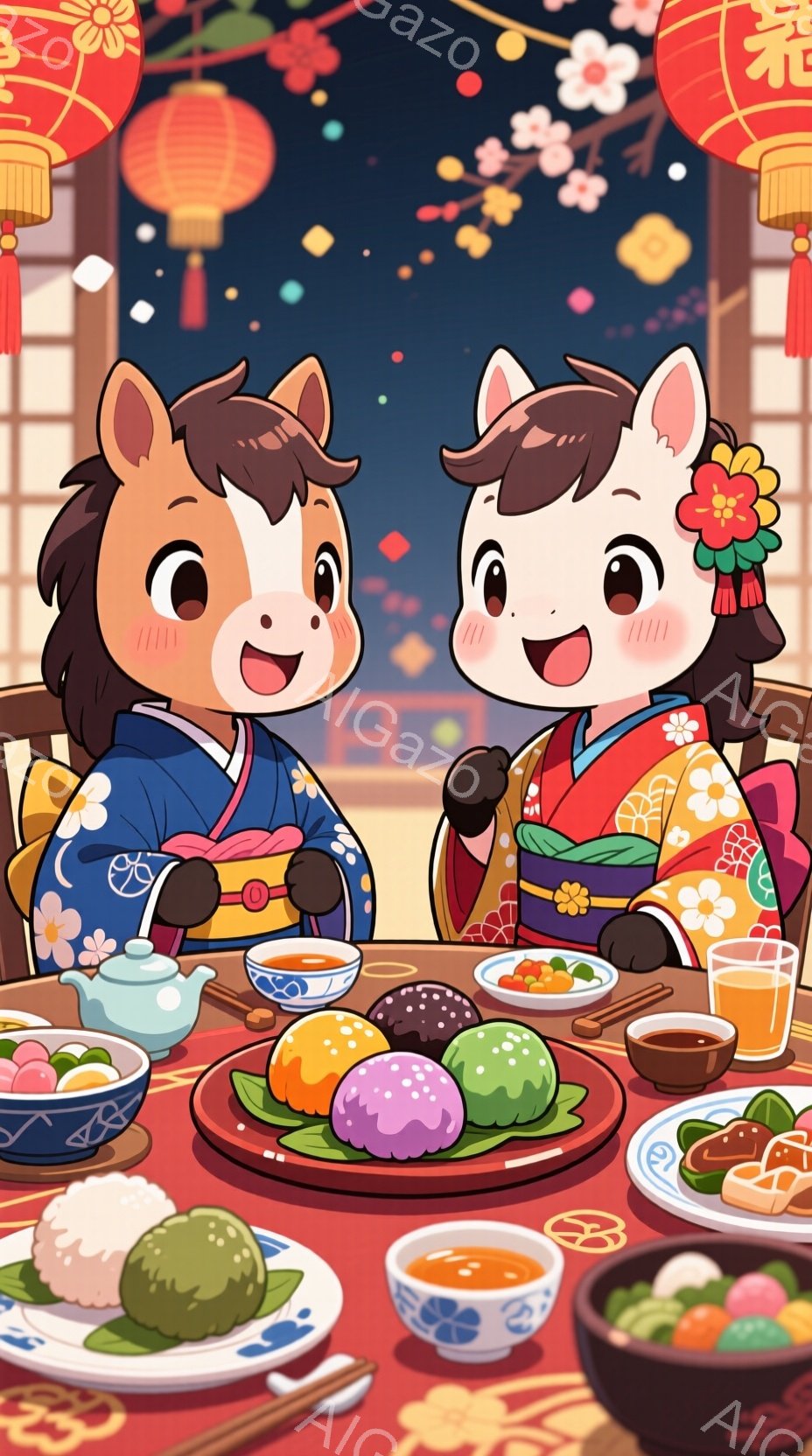 鮮やかな着物を着た二匹の馬が、食卓を囲んで食事を楽しんでいます。紺色とピンクの着物を着ており、満面の笑みを浮かべています。背景には提灯が飾られ、食事の準備が整った食卓には様々な料理が並び、華やかで温かい雰囲気が漂っています。