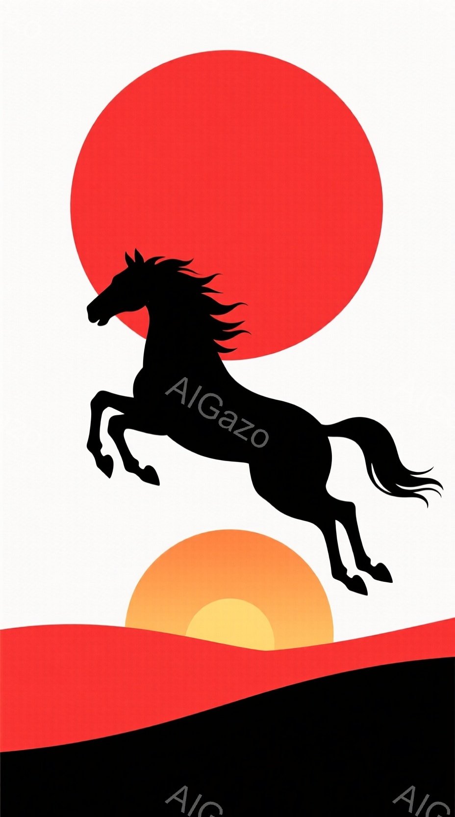 黒いシルエットの馬が、燃えるような夕焼けを背景に、大きく跳躍している様子が描かれています。夕焼けは赤からオレンジ、黄色へとグラデーションになっており、力強く躍動感のある馬の姿と相まって、ドラマチックな雰囲気を醸し出しています。画面下部には、夕焼けを反映した赤い帯が描かれており、馬のシルエットをさらに際立たせています。
