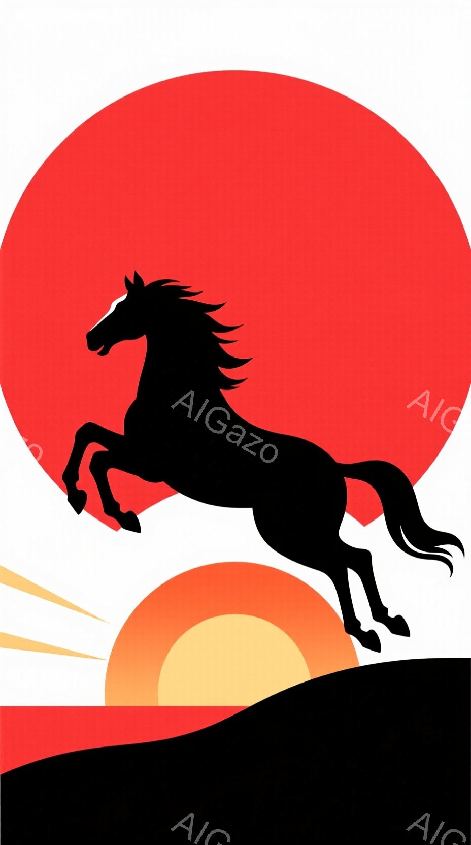 黒いシルエットの馬が、燃えるような赤とオレンジの夕焼けを背景に、丘の上で力強く跳ねている様子が描かれている。馬は鬣をなびかせ、前足を高く上げ、躍動感にあふれた姿で、力強い生命力を感じさせる。背景の夕焼けは、ドラマチックな雰囲気を演出し、馬のシルエットを際立たせている。