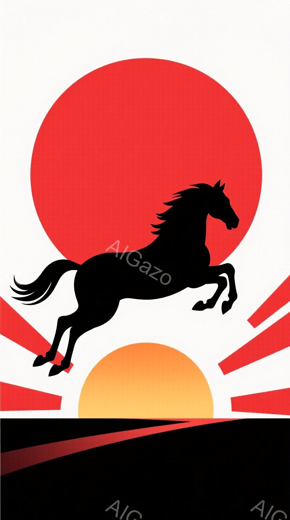 黒いシルエットの馬が、燃えるようなオレンジと赤の日の出または夕日の前に、力強く跳躍しています。馬は前脚を高く上げ、躍動感のある姿勢で、まるで空を駆け抜けるかのようです。背景は、水平線と放射状に広がる光線で構成されており、力強くも希望に満ちた雰囲気を醸し出しています。