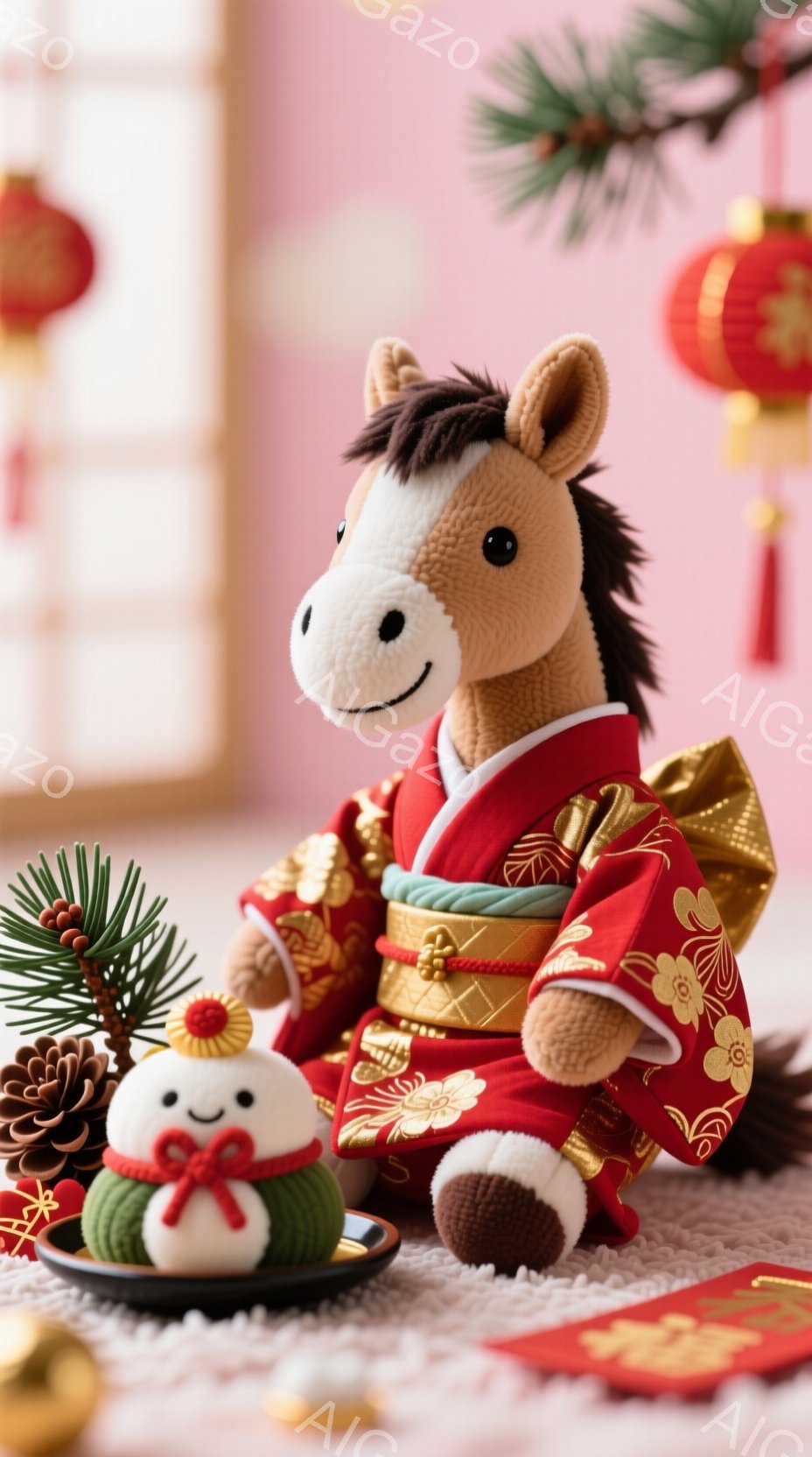赤い花柄の着物を着たぬいぐるみ馬が、穏やかな表情で座っています。背景には、松ぼっくりや赤い飾り、そしてぼやけた日本の家屋が見え、お正月の雰囲気が漂います。全体的に、暖かく、お祝いの気持ちが伝わる、心温まる光景です。