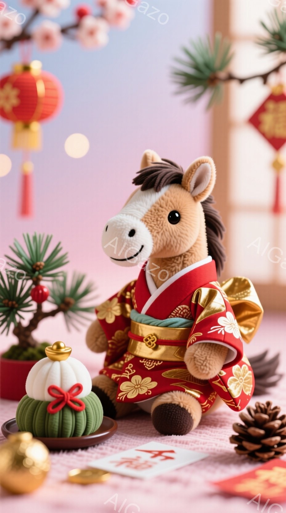明るいピンク色の背景に、着物を着たぬいぐるみ馬が座っています。鮮やかな赤色の着物は金色の花柄と装飾が施され、馬の毛色と調和しています。背景には、赤い提灯、松ぼっくり、そして「福」と書かれた飾りが見られ、新年の祝賀を暗示する、お祝いの雰囲気が漂っています。