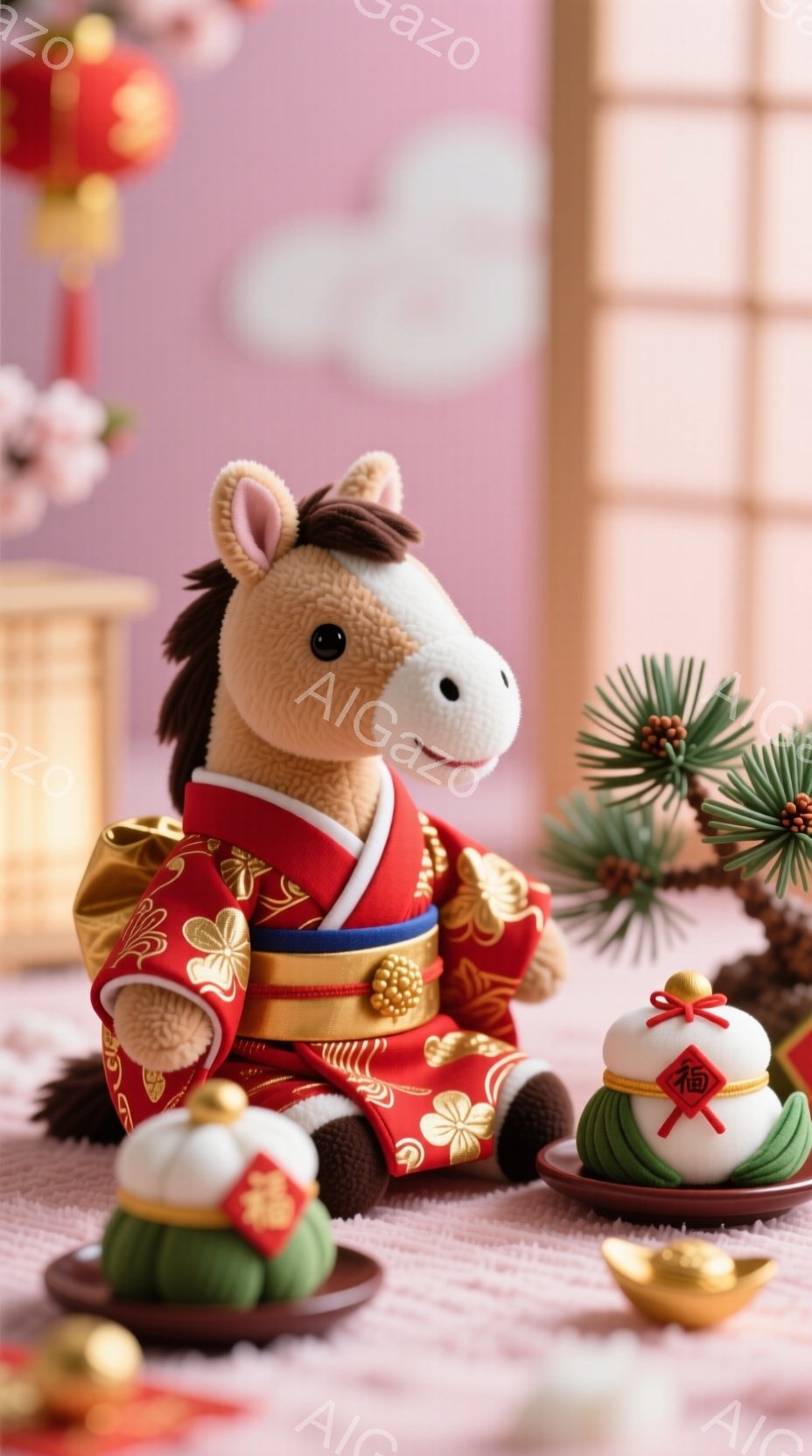 柔らかい茶色の馬のぬいぐるみが、鮮やかな赤い着物と金色の帯姿で座っています。背景には、金色の飾りや緑の植物、そしてぼやけた赤い提灯が見え、お祝いの雰囲気を醸し出しています。全体的に、新年の喜びを表現し - AI生成フリー素材