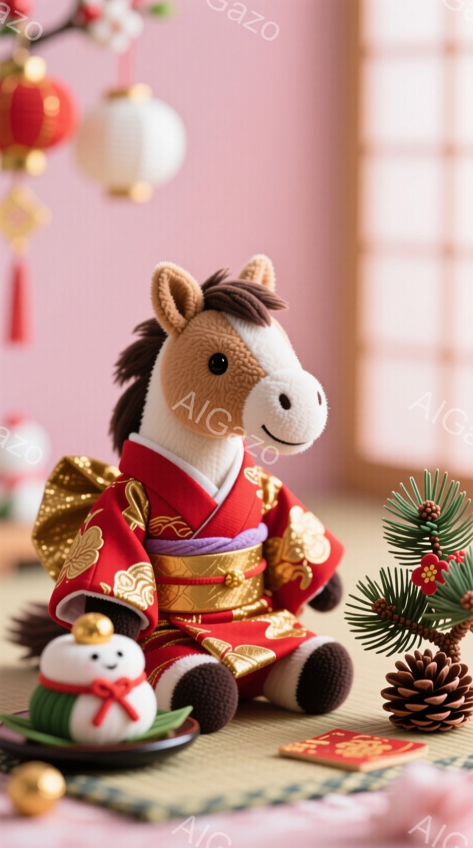 ぬいぐるみは赤い着物と紫色の帯を身につけ、金色の刺繍が施されています。その表情は穏やかで、正面を見つめています。背景には、小さな松ぼっくりや赤い飾り、そしてぼやけた日本の伝統的な家屋が見え、お正月の静かで温かい雰囲気を醸し出しています。