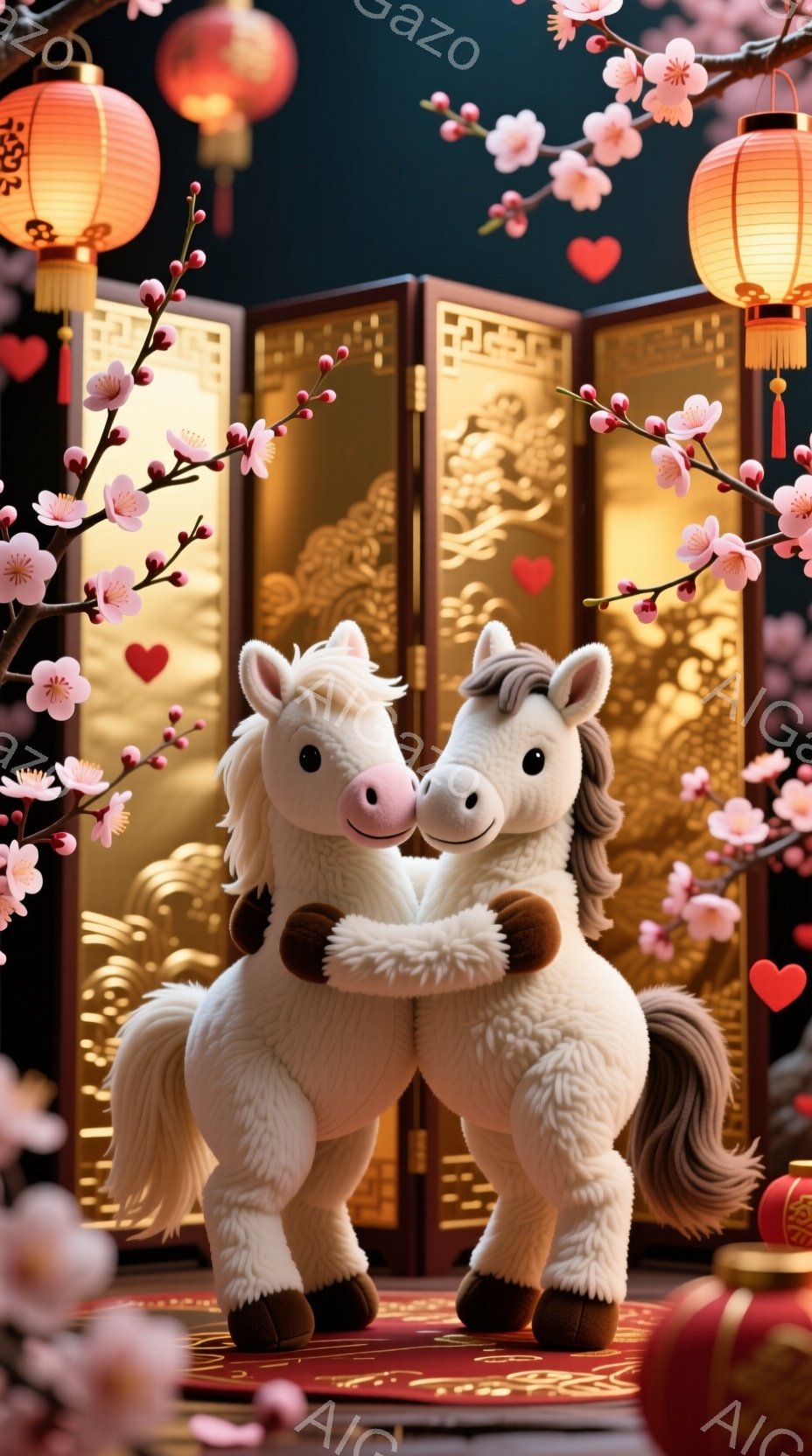 白い子馬が二頭、互いに寄り添い、優しい表情を浮かべている。背景には、桜の花が咲き乱れ、中国風の屏風と赤い提灯が配置され、春の祝祭の雰囲気を醸し出している。全体的に暖かく、幸せな気持ちになるような、お祝いのムードが漂っている。