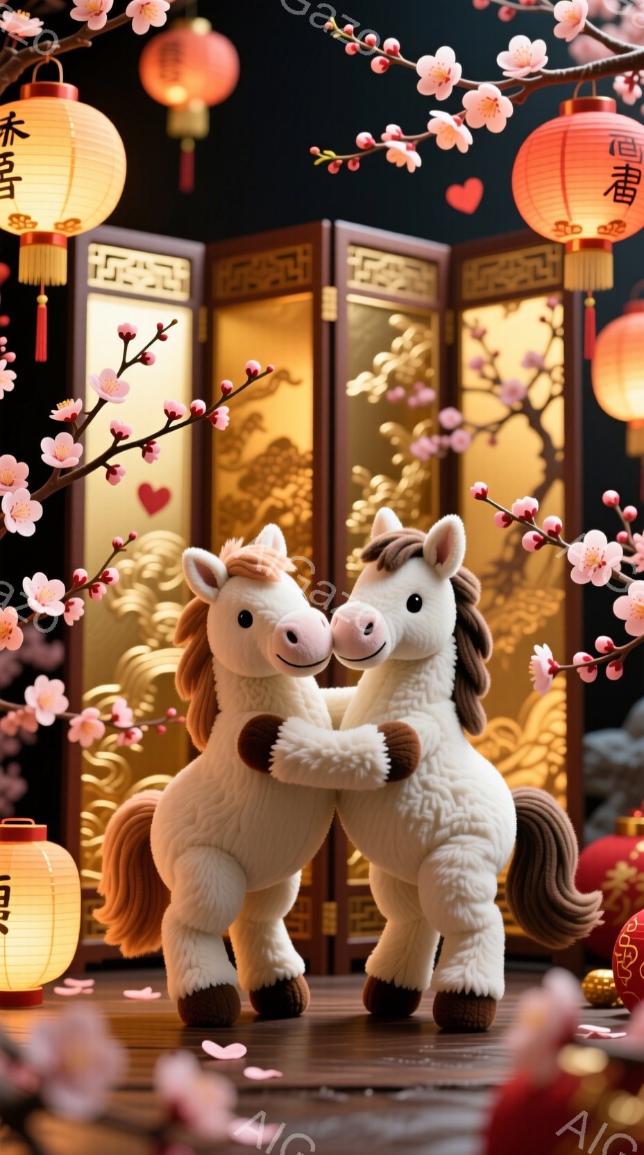 白い馬のペアが寄り添い、互いに前足を重ね合っています。背景には、赤い提灯や桜の花が咲き乱れ、豪華な屏風が置かれており、中国の春節の雰囲気が漂います。全体的に暖かく、お祝いの気持ちに満ちた、平和な雰囲気 - AI生成フリー素材