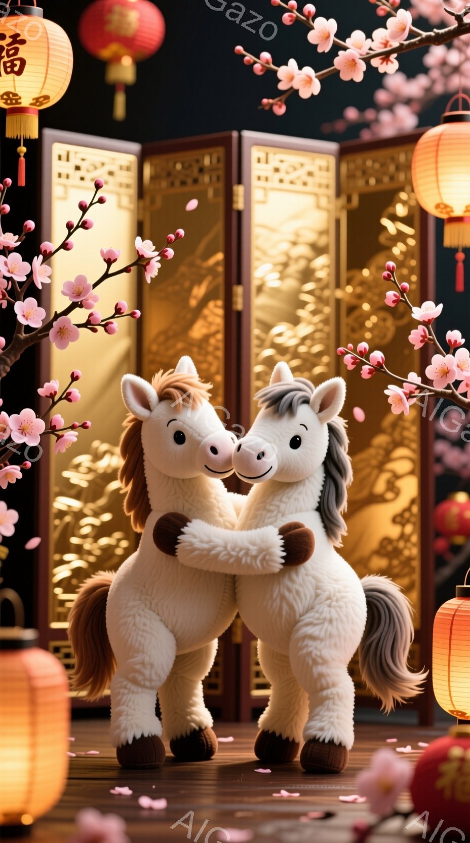 明るい背景に、毛並みの良い2頭の白い馬が寄り添って立っています。馬たちは可愛らしい表情で、互いに向き合い、体を寄せ合っています。背景には、桜の花びらが舞い散り、中国風の屏風と提灯が配置され、華やかで温 - AI生成フリー素材