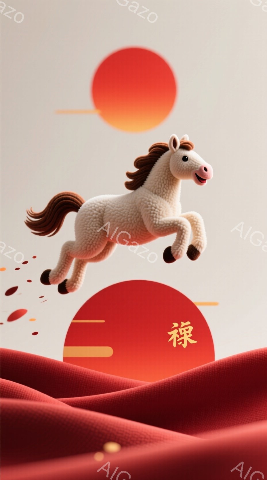 暖かく柔らかな毛並みの白い馬が、赤い布のような丘の上を軽やかに飛び越えています。背景には大きな赤い円が描かれており、全体的に暖かく、お祝いのような雰囲気です。馬の毛並みや背景の布の質感は柔らかく、心地 - AI生成フリー素材