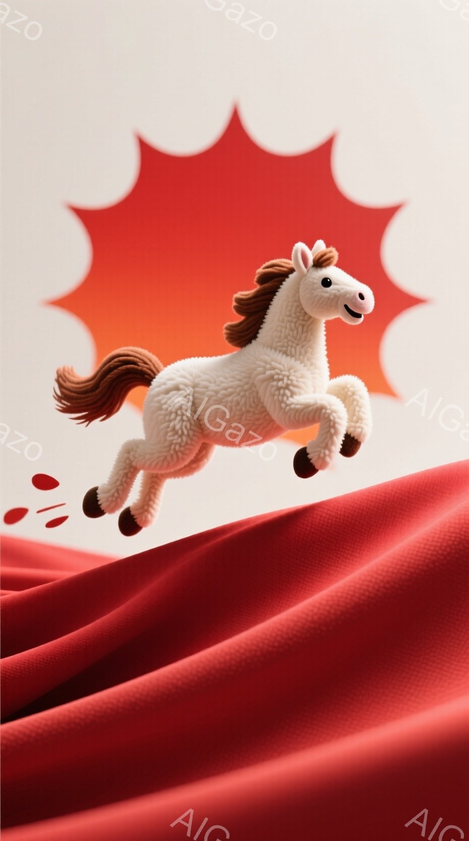 白い羊毛のような馬が、赤い布の上に飛び跳ねている様子が描かれています。馬は動きのあるポーズで、まるで遊び心いっぱいの躍動感があります。背景は鮮やかな赤色の布と、波打つような赤い模様で、全体的に明るく、楽しげな雰囲気です。