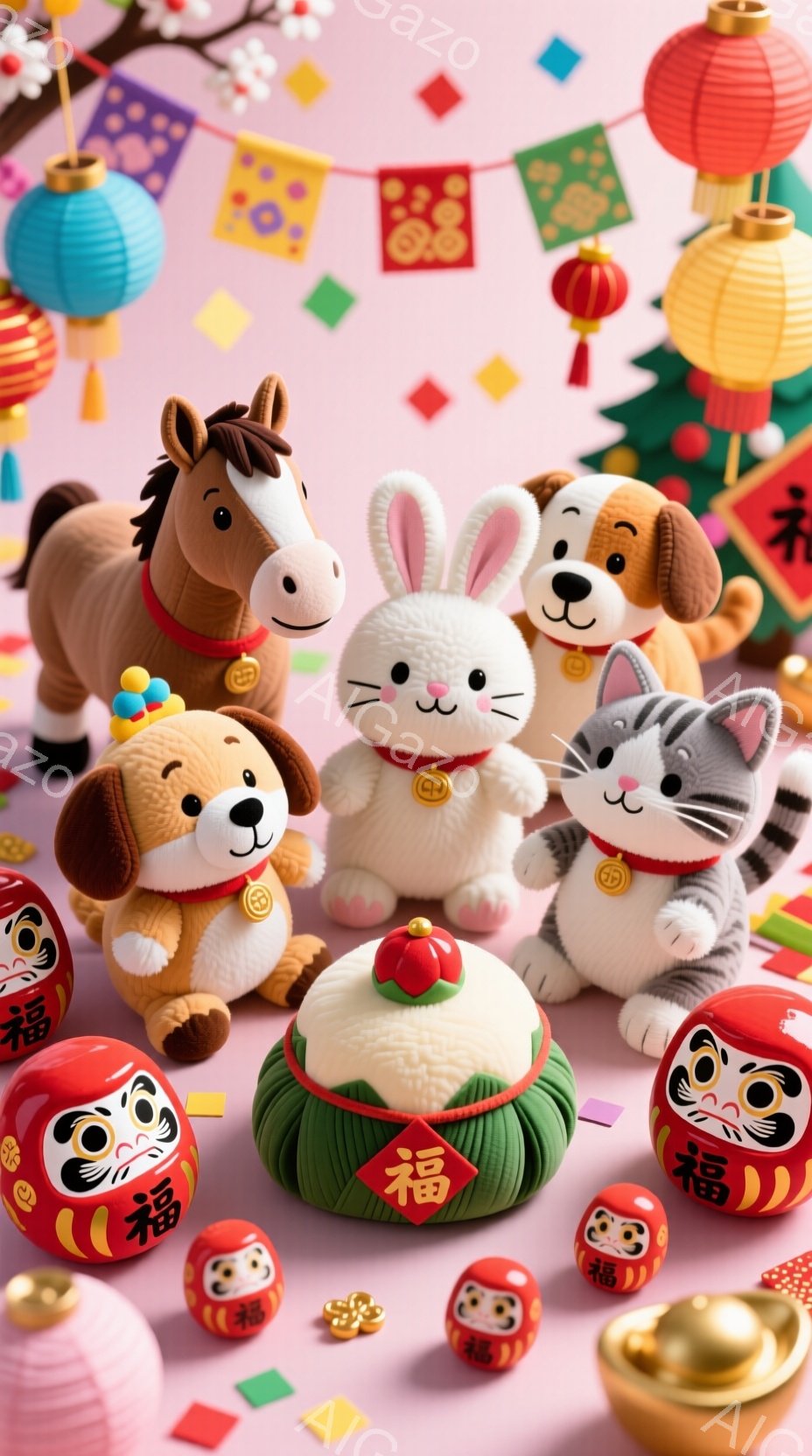 鮮やかなピンク色の背景に、可愛らしい動物たちのぬいぐるみが並んでいます。赤い祭りの飾りや、緑色の台座の上に飾られた「福」の文字が、お祝いの雰囲気を高めています。それぞれの動物は笑顔で、幸運を招くように - AI生成フリー素材