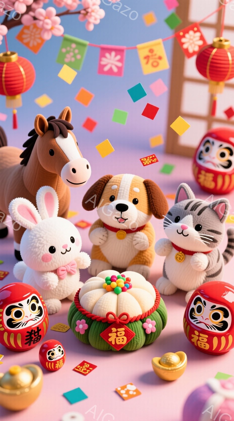 明るいピンク色の背景に、様々な動物のキャラクターが配置されています。可愛らしいウサギ、犬、猫はそれぞれ赤い衣装を身に着け、嬉しそうな表情を浮かべています。背景には、提灯や紙吹雪、そして「福」と書かれた可愛らしいダルマの人形が散りばめられ、お祝いの雰囲気を醸し出しています。