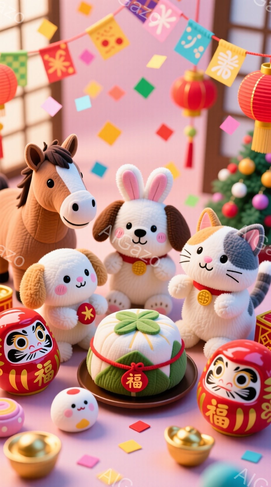 明るい背景には、様々な色の旗が飾られ、丸い赤い縁起物（だるま）や金色のオブジェが配置されています。可愛らしい動物たちが、それぞれ赤い衣装やリボンを身につけ、少し上目遣いな表情でこちらを見ています。全体 - AI生成フリー素材