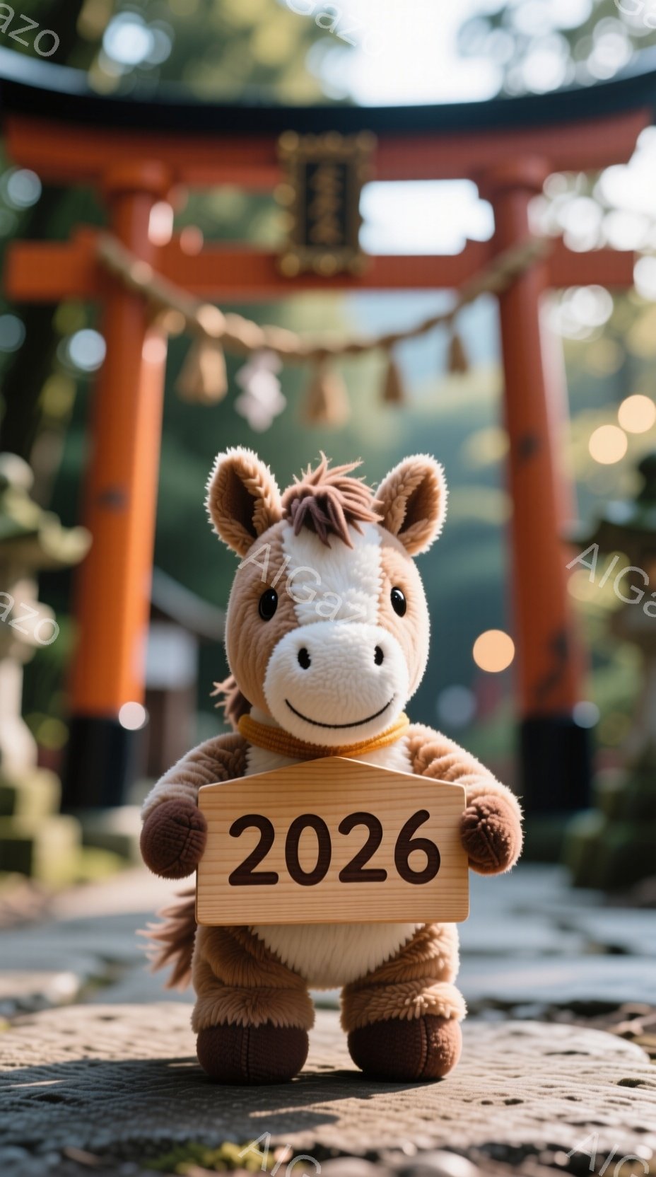 茶色のふわふわした馬のぬいぐるみが写っています。ぬいぐるみは前足を組み、笑顔で「2026」と書かれた木製のプレートを持っています。背景には、朱色の鳥居と緑豊かな自然があり、光が差し込んで穏やかな雰囲気を作り出しています。