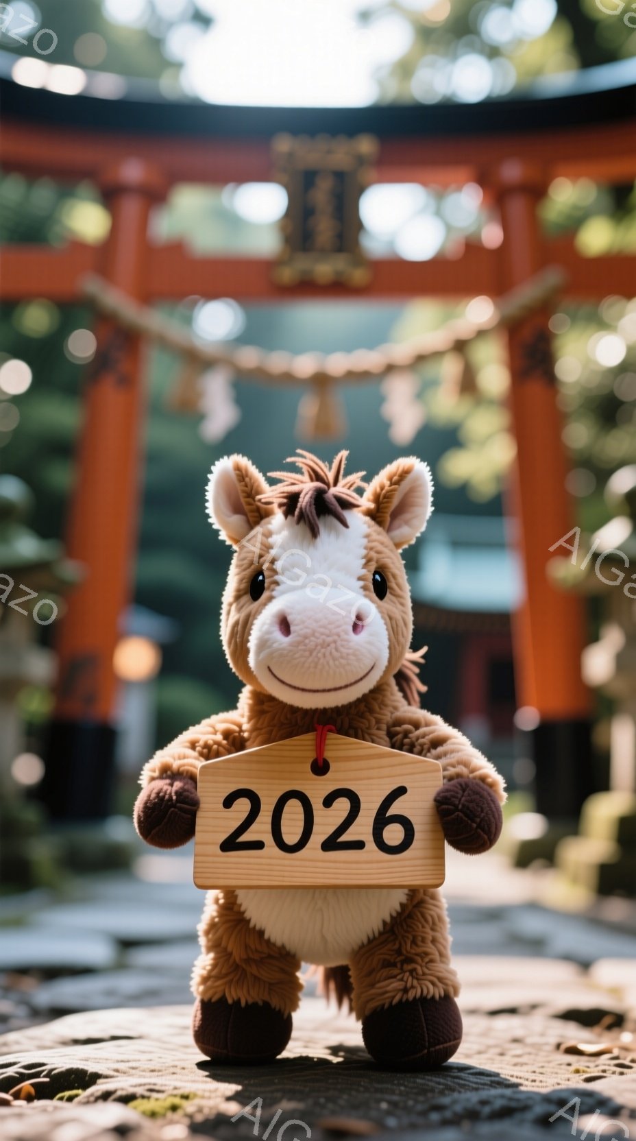 茶色のふわふわした馬のぬいぐるみは、木の板に黒文字で「2026」と書かれたものを前足で持っています。背景には鮮やかな朱色の鳥居がそびえ立ち、石畳の道と緑豊かな木々が広がっています。全体的に、明るく温かい雰囲気で、2026年を象徴する、お祝いのムードが漂っています。