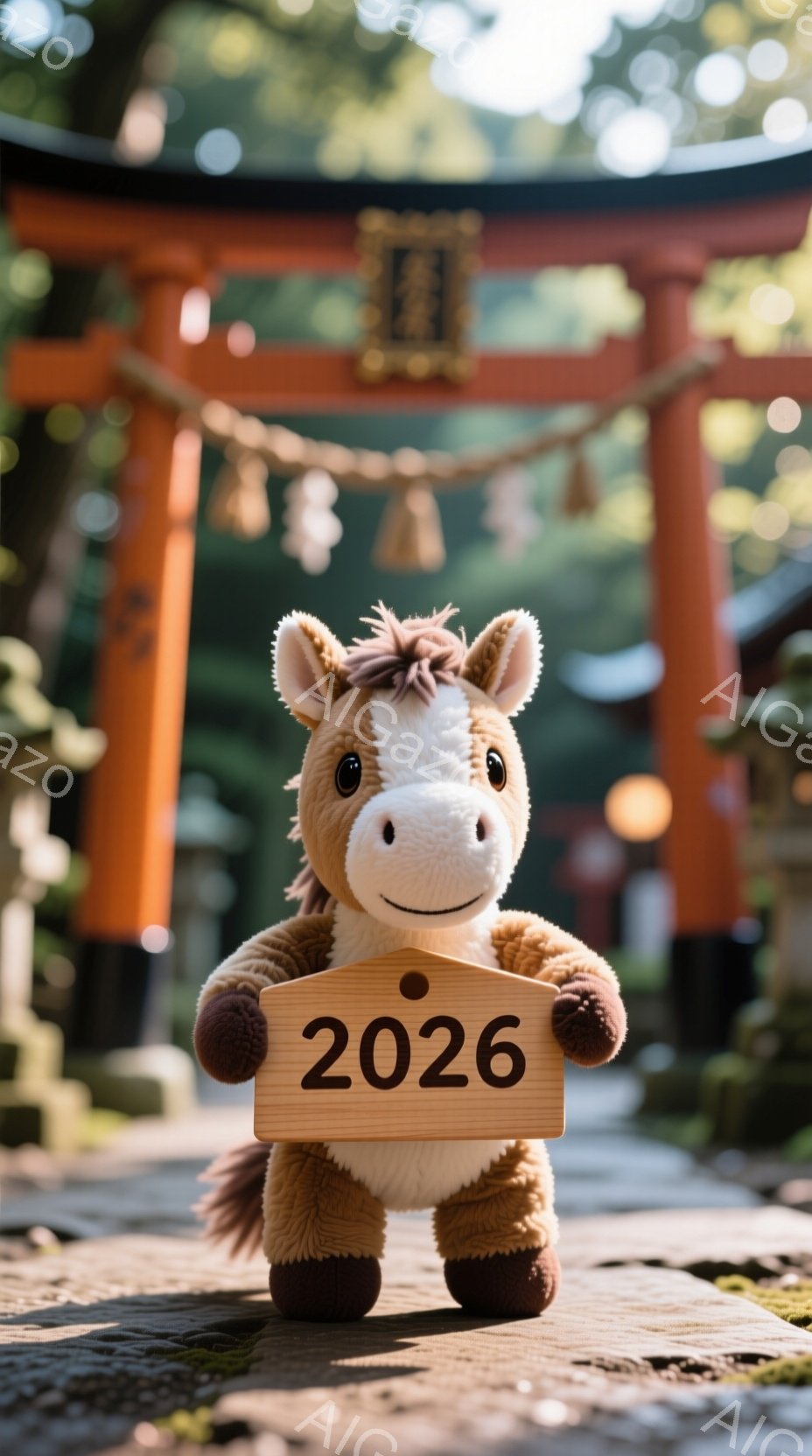 明るい茶色の毛並みのテディベアが、木製のプレートを持って立っており、プレートには「2026」と書かれています。背景には鮮やかな朱色の鳥居と緑豊かな自然が広がっており、苔むした石畳の道がテディベアの足元に広がっています。全体的に、穏やかで希望に満ちた、新年の訪れを予感させる雰囲気です。