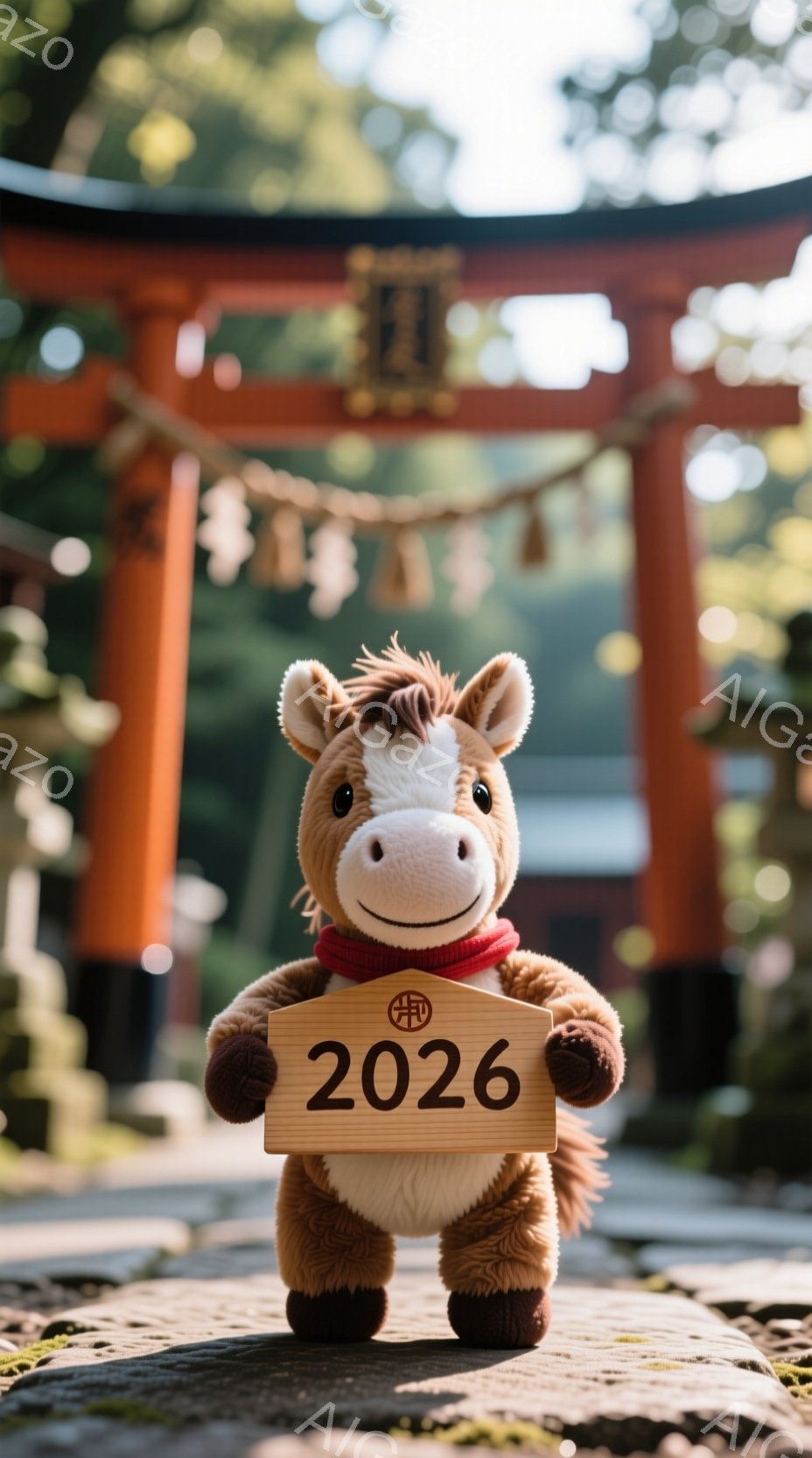 ぬいぐるみは茶色の馬の姿をしており、赤いリボンを首に巻いています。正面を見据え、両手に「2026」と書かれた木製のプレートを持っています。背景には朱色の鳥居がそびえ立ち、石畳の道と緑豊かな自然に囲まれており、穏やかで希望に満ちた雰囲気です。