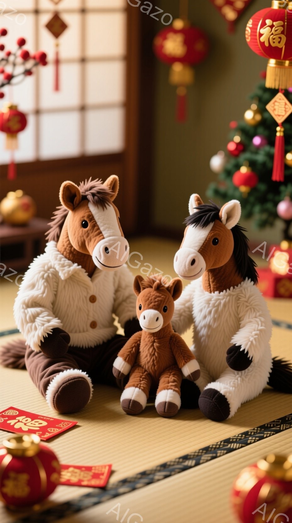 畳の上に、馬のぬいぐるみの家族が座っています。大きな馬と小さな馬はそれぞれ白いジャケットを着ており、穏やかな表情をしています。背景には赤い提灯や装飾が飾られ、お祝いの雰囲気が漂っています。 - AI生成フリー素材