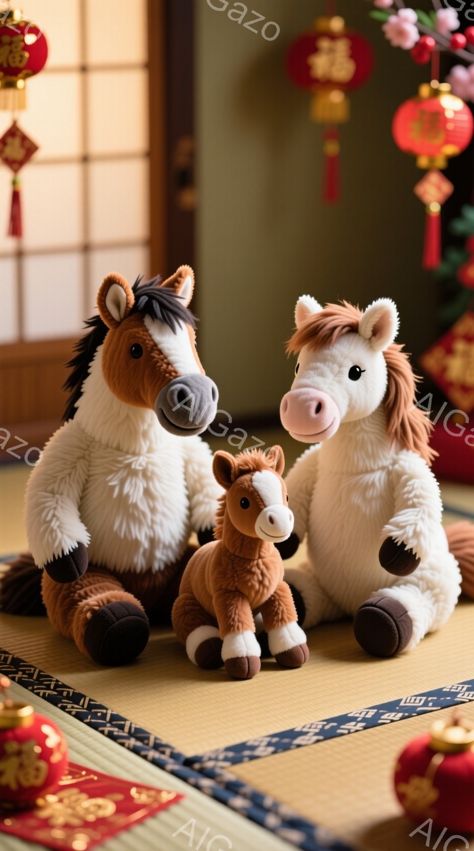 畳の上に、大きな茶色の馬のぬいぐるみと、小さな茶色の馬のぬいぐるみが寄り添って座っています。背景には、赤い提灯が飾られており、お祝いの雰囲気が漂っています。ぬいぐるみたちは穏やかな表情で、暖かく優しい印象を与えます。