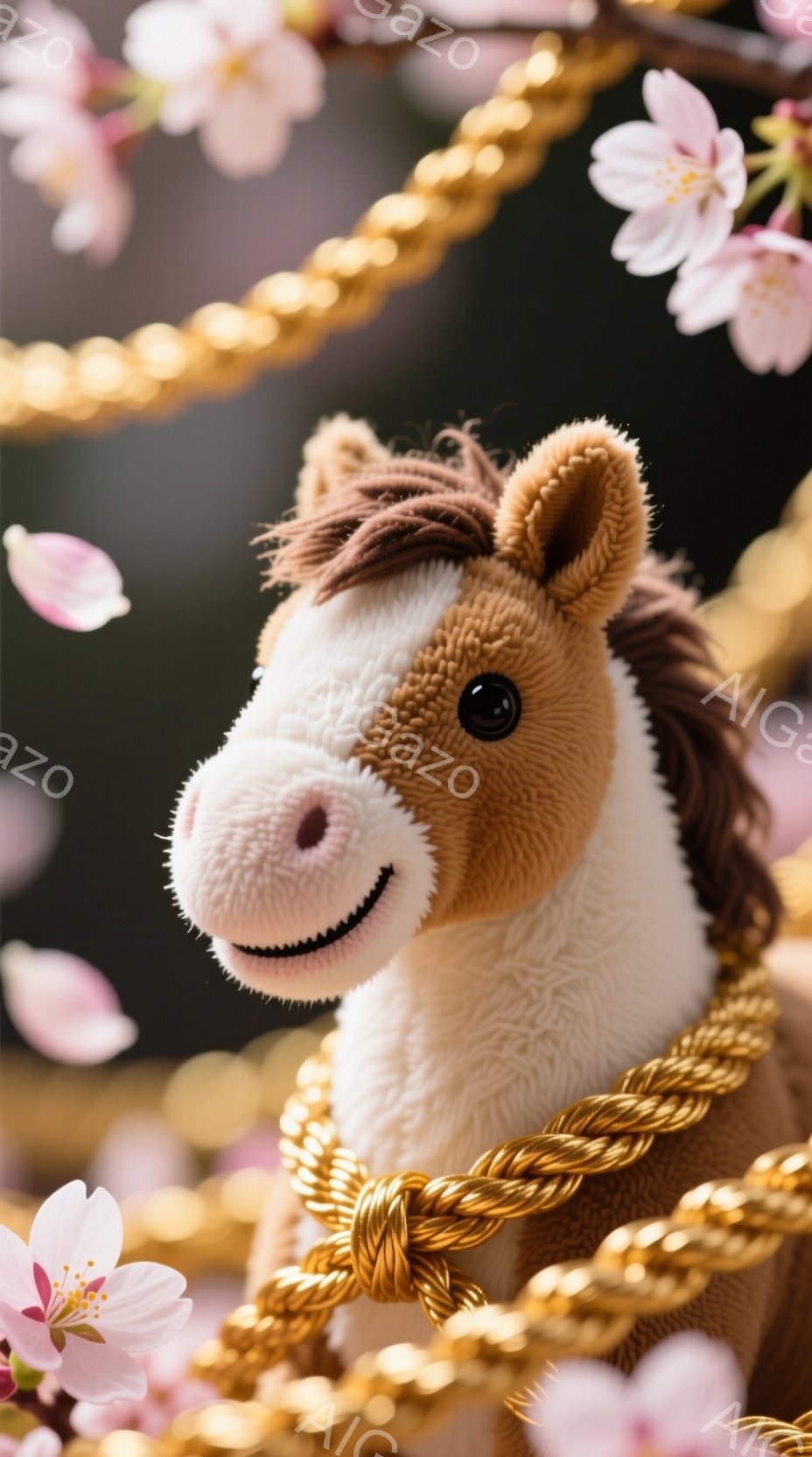 ぬいぐるみで作られた茶色と白の馬のおもちゃが写っている。金色のロープが背景にあり、ピンク色の桜の花びらが舞っているように見える。馬は穏やかな表情で、優しく微笑んでいるように見える。