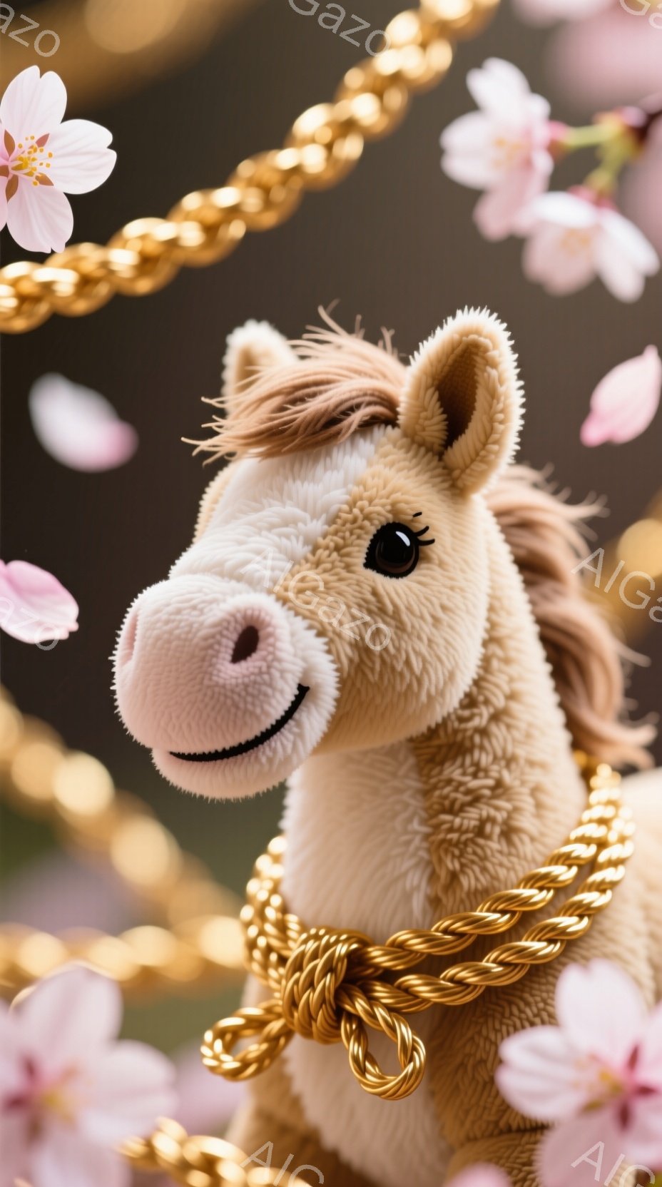 柔らかいベージュ色のぬいぐるみ馬が、優しい表情で正面を見つめています。首には金の組紐が巻かれており、背景にはピンク色の桜の花びらが舞い、華やかな春の雰囲気を演出しています。全体的に温かく、可愛らしい印 - AI生成フリー素材