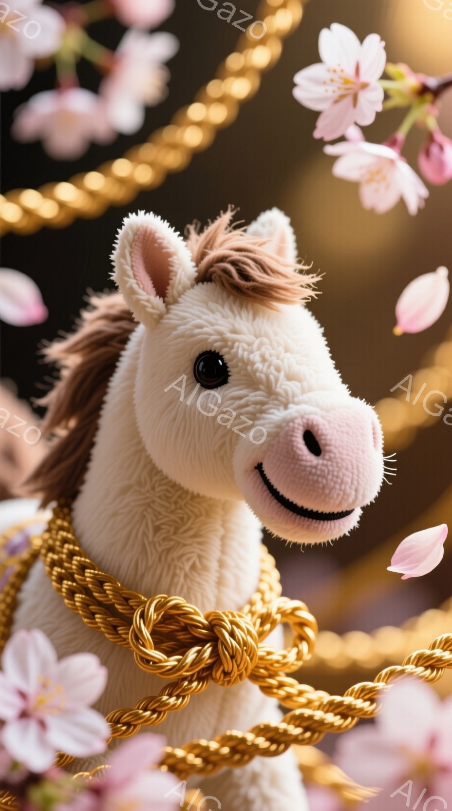 白い毛並みの馬の人形が、ピンク色の桜の花びらが舞う中で、穏やかな表情でこちらを見ている。金の飾り紐が馬の首に巻かれ、背景にはぼんやりと桜の花が咲き乱れている様子がうかがえる。全体的に柔らかく、春らしい穏やかな雰囲気を醸し出している。