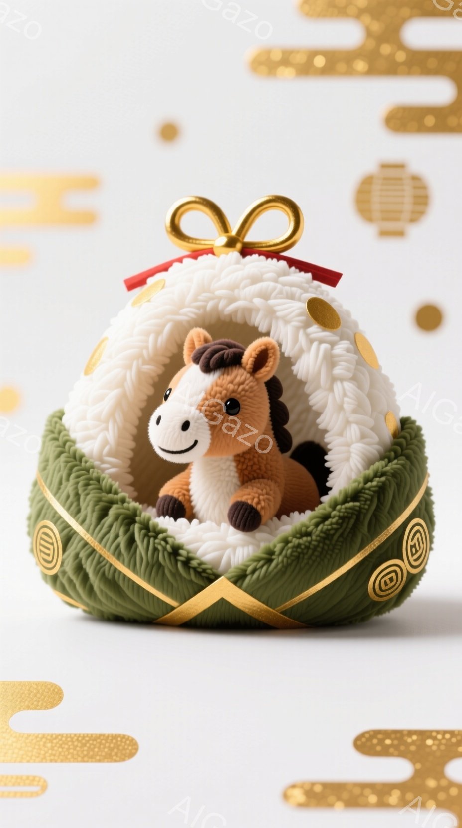 白いふわふわとした素材で覆われた丸い台の上に、茶色の馬の人形が座っています。馬は愛らしい表情で、緑色の帯が台を囲み、赤い紐が結ばれています。背景は白で、金色の渦巻き模様が散りばめられており、全体的に柔らかく温かい雰囲気を醸し出しています。