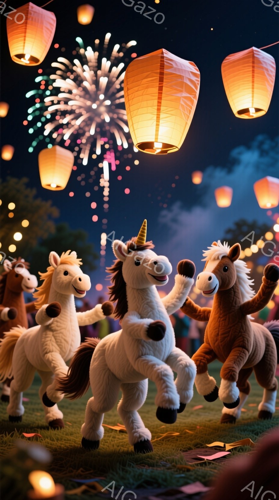 柔らかな毛並みのユニコーンと馬たちが、夜空に舞い上がるランタンの下で腕を広げて楽しそうに踊っている。背景には緑の草地が広がり、遠くにはぼんやりとした建物と、打ち上げ花火が夜空を彩っている。暖かく幻想的 - AI生成フリー素材