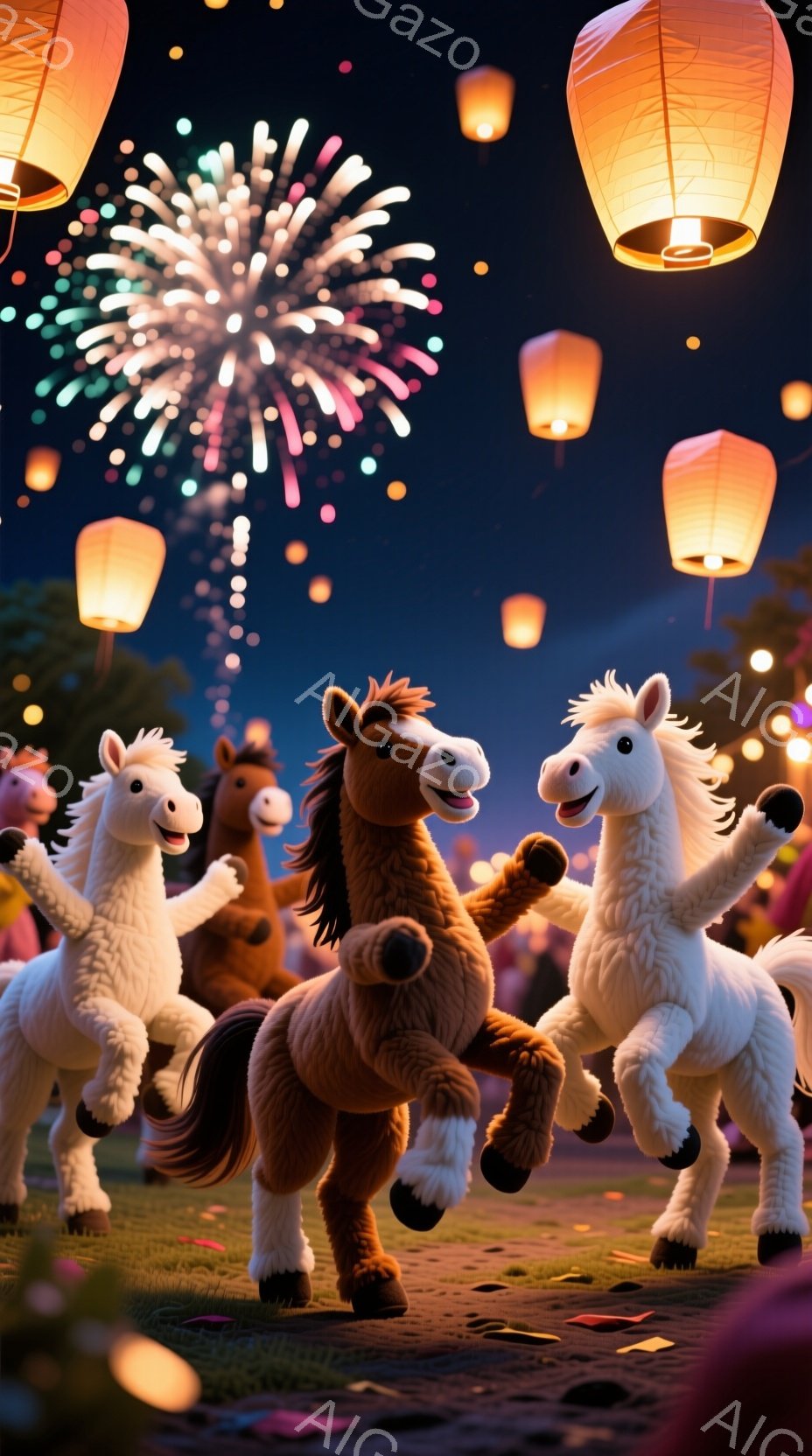 ぬいぐるみのような馬たちが、夜空に打ち上げられた花火と提灯の下で楽しそうに草原を駆け回っています。彼らは皆、喜びと興奮に満ちた表情をしており、夜空は明るい光で満たされ、お祭り騒ぎのような雰囲気を醸し出 - AI生成フリー素材