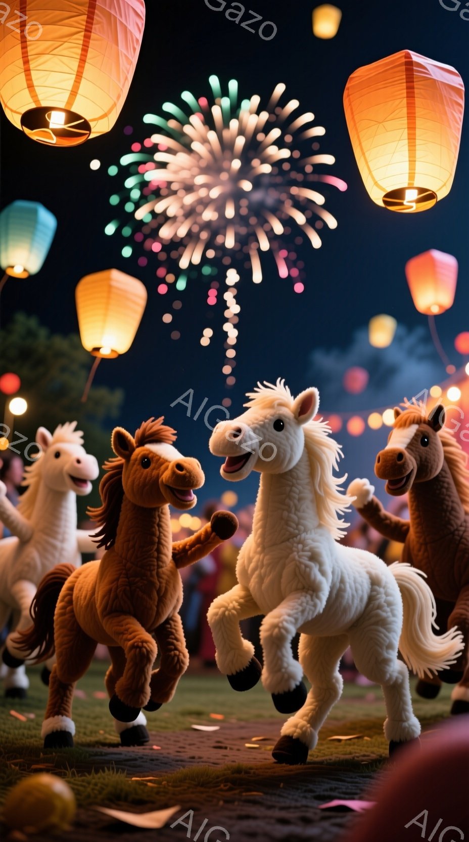 夜空には花火が咲き乱れ、多くの提灯が空中に浮かんでいます。四匹の可愛らしい馬のキャラクターが、緑の芝生の上を駆けている様子が描かれています。それぞれの表情は明るく、お祝いムードに満ちた、温かく幻想的な - AI生成フリー素材