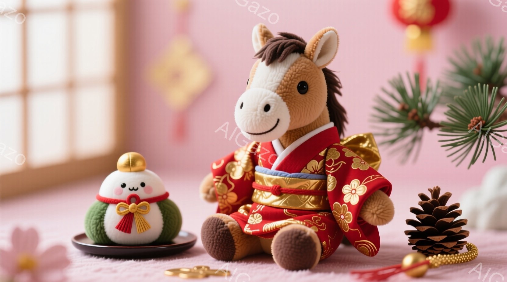 ぬいぐるみである馬が、赤い着物姿で座っています。頭には金色の髪飾りをつけており、穏やかな表情を浮かべています。背景には、盆栽のような植物や松ぼっくり、そして和風の装飾が配置され、お祝いの雰囲気を醸し出しています。