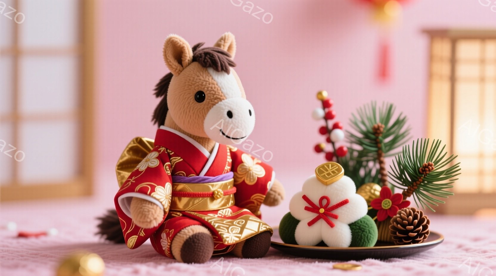 赤い着物を着た可愛らしい馬のぬいぐるみは、穏やかな表情で座っています。背景には、白い鞠や松ぼっくり、緑の葉っぱなどが配置されたお正月らしい飾りがあり、全体的に華やかで温かい雰囲気を醸し出しています。柔らかいピンク色の背景が、ぬいぐるみの可愛らしさをさらに引き立てています。