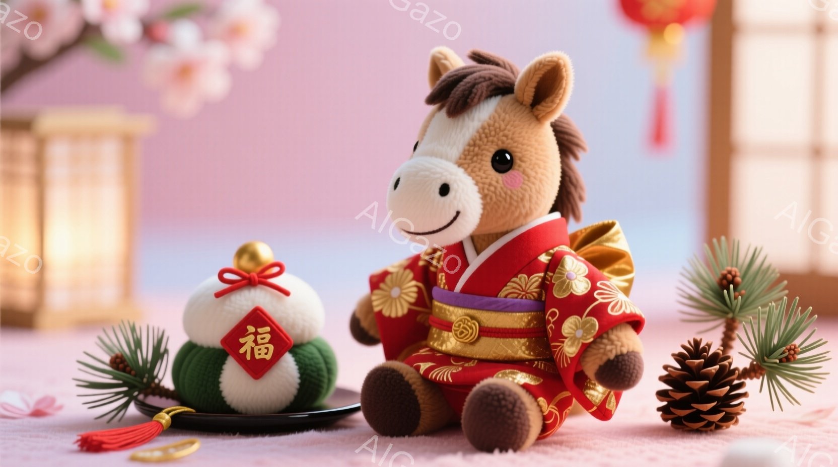 ぬいぐるみのお馬さんが、鮮やかな赤色の着物を着て座っています。着物には金色の模様が描かれており、お馬さんの表情は穏やかで微笑んでいます。背景には、紅白の団子や松ぼっくり、そして桜の花びらが散りばめられており、お正月の華やかな雰囲気を醸し出しています。