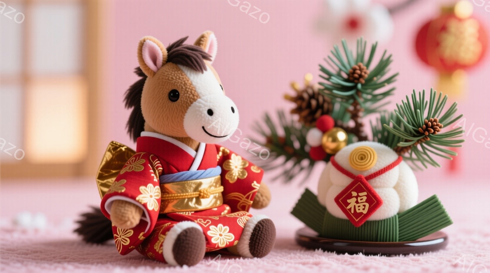 鮮やかな赤色の着物を着たぬいぐるみのお馬さんが、微笑みを浮かべて座っています。着物には可愛らしい花柄が描かれ、帯は金色で上品な印象です。背景には、松や竹、梅の飾りと共に、可愛らしい赤い提灯がぼんやりと見え、お正月らしい温かい雰囲気を醸し出しています。
