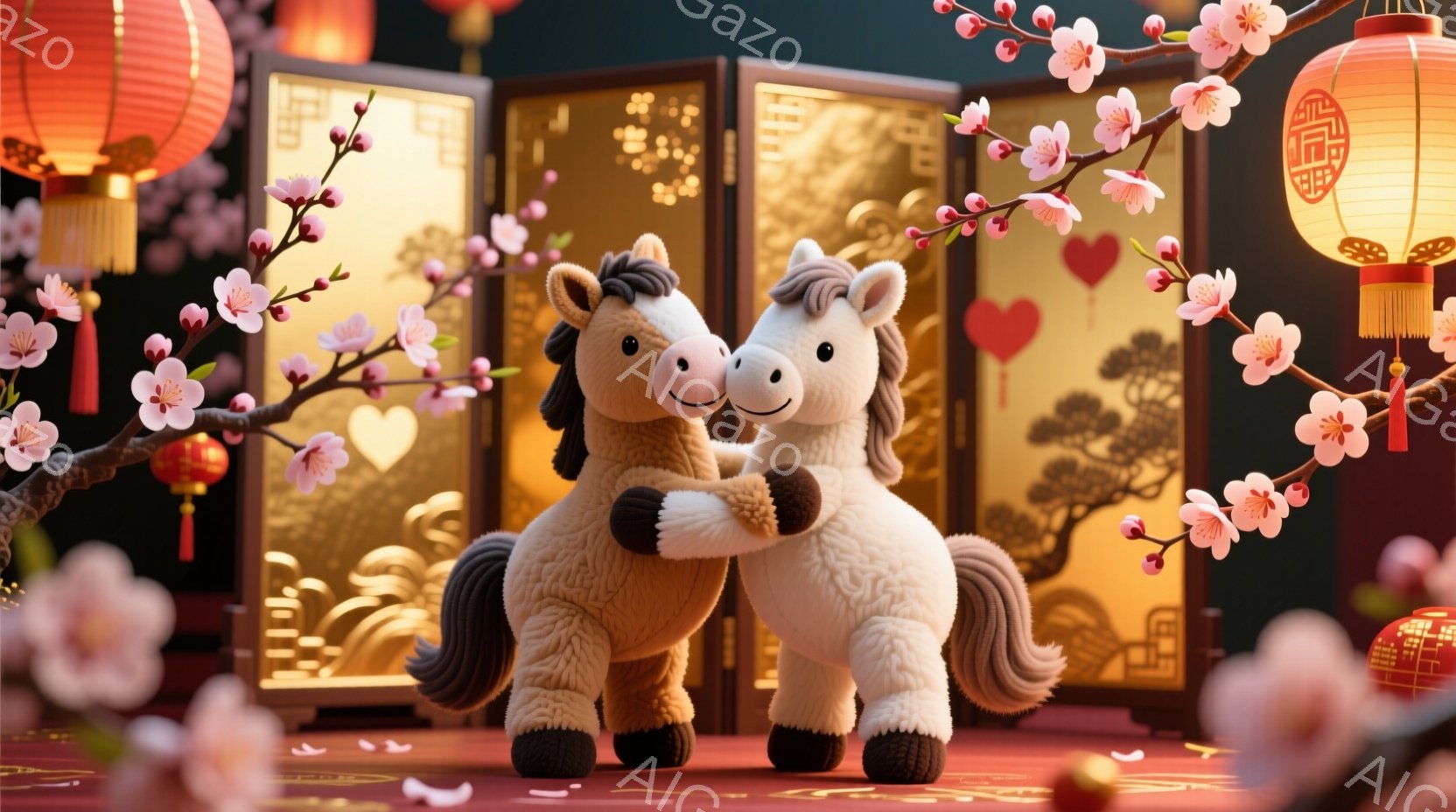 可愛らしい毛並みの白と茶色の2頭の馬が寄り添い合っている様子が描かれています。背景には、赤い提灯とハートが飾られた屏風が並び、桜の花が咲き誇り、春の訪れを告げています。全体的に暖かく、祝祭的な雰囲気で - AI生成フリー素材