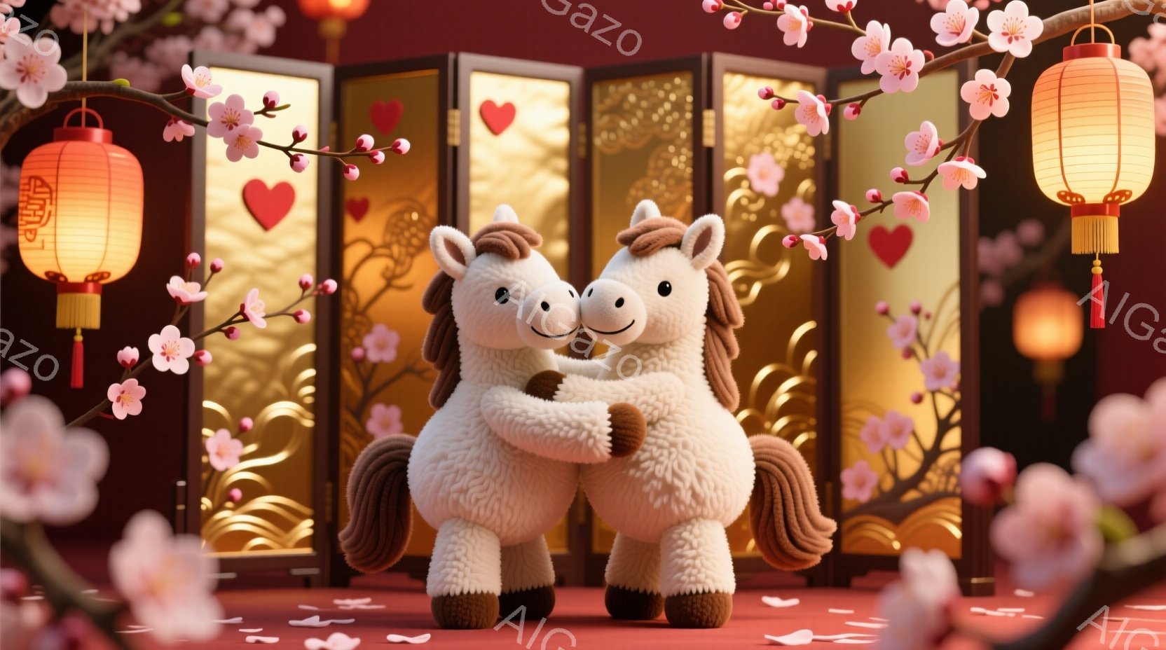 ふわふわとした白い馬のペアが、赤い背景の前で抱き合っています。馬たちは笑顔で、ピンク色の桜の花びらが舞う中で温かく幸せな雰囲気を醸し出しています。背景には金色の模様が描かれた屏風があり、赤い提灯が飾ら - AI生成フリー素材