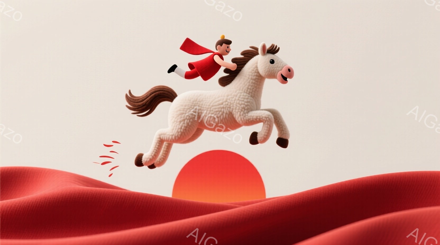 白い馬が赤い背景を背景に躍動的に跳躍している。馬の上には赤い衣装を身につけた人物が乗り、風になびく赤い布を持つ。背景は鮮やかな赤色で、滑らかな曲線を描き、全体的に明るく、活気のある雰囲気を醸し出している。