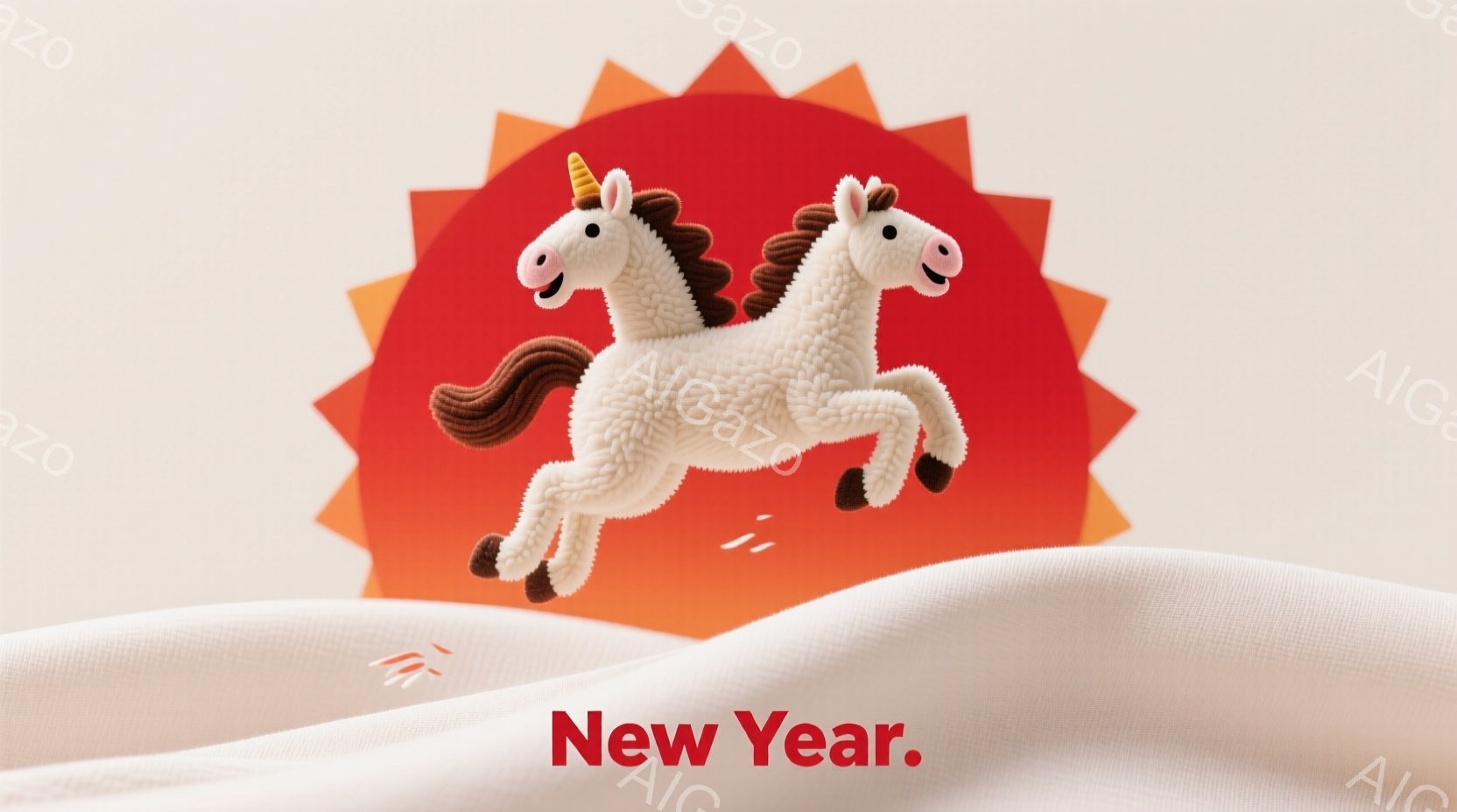 白いユニコーンが、オレンジ色の背景と白い布の上の空中で跳ねている様子が描かれています。ユニコーンはピンクと茶色のたてがみと尾を持ち、明るい表情で楽しそうに飛び跳ねています。背景は鮮やかなオレンジ色の放射線状の模様で、全体的に暖かく、遊び心のある雰囲気です。