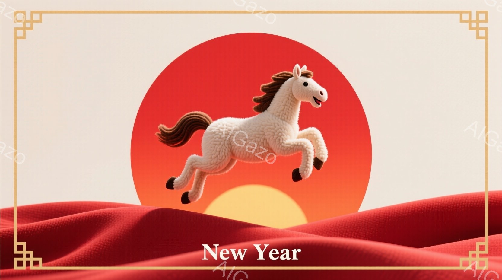 白い羊のような毛並みの馬が、鮮やかな赤い背景を背に、前足を踏み出して躍動している様子が描かれています。背景には、太陽のような円い黄色い光があり、馬の動きと背景の色彩が、明るく希望に満ちた雰囲気を作り出しています。全体的にシンプルで、温かく、親しみやすい印象を与えるイメージです。