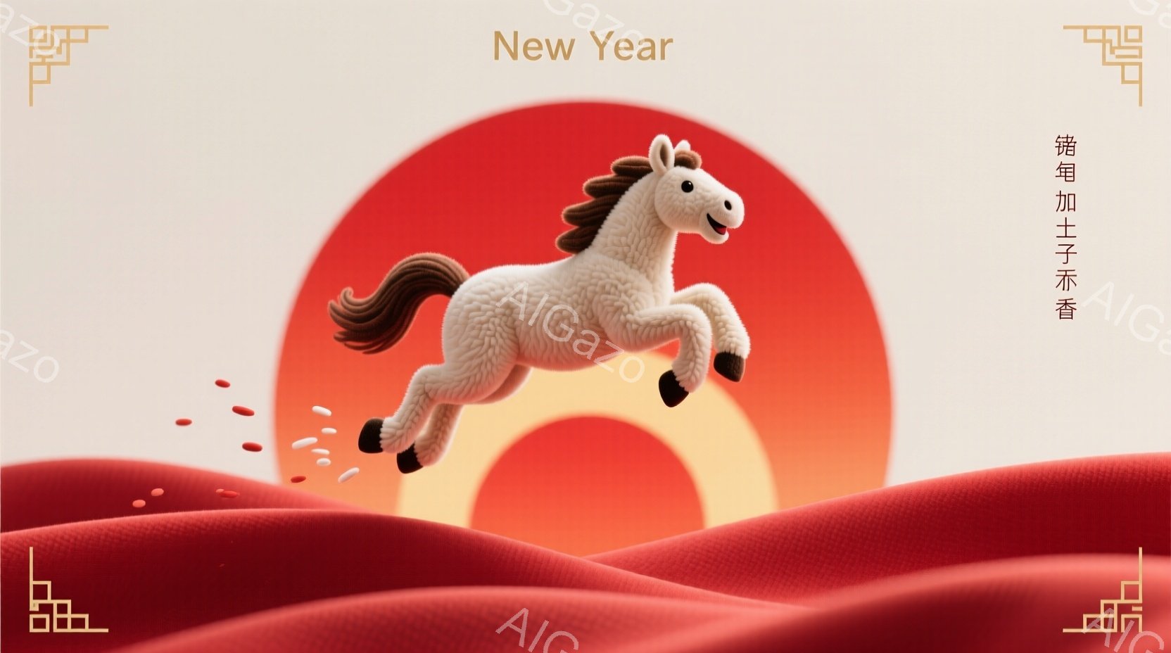 ふわふわとした白い馬が、赤い背景に広がる丘を駆け上がっている様子を描いています。馬は躍動感あふれる姿勢で、茶色のたてがみが風になびいています。背景は鮮やかな赤色で、馬の動きを強調し、全体的に明るく陽気な雰囲気を作り出しています。