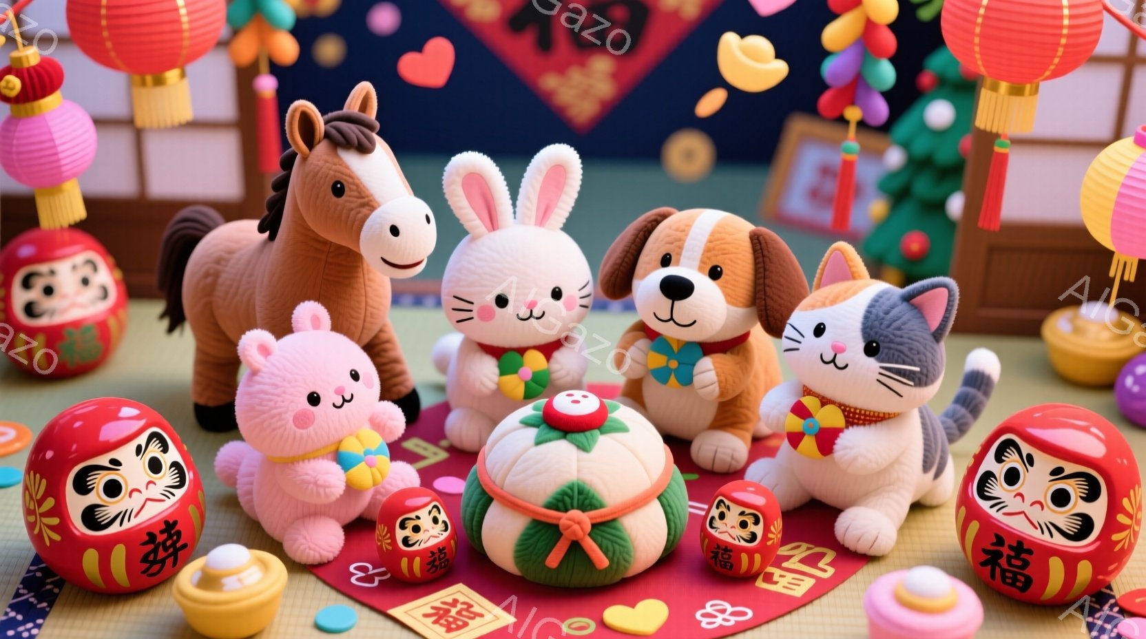 畳の上に、可愛らしい動物のぬいぐるみと縁起の良い装飾品が並んでいます。ピンク色のウサギ、茶色の犬、白い猫、栗色の馬がそれぞれ異なる表情で、まるで新年を祝うかのように集まっています。背景には赤い提灯や、 - AI生成フリー素材