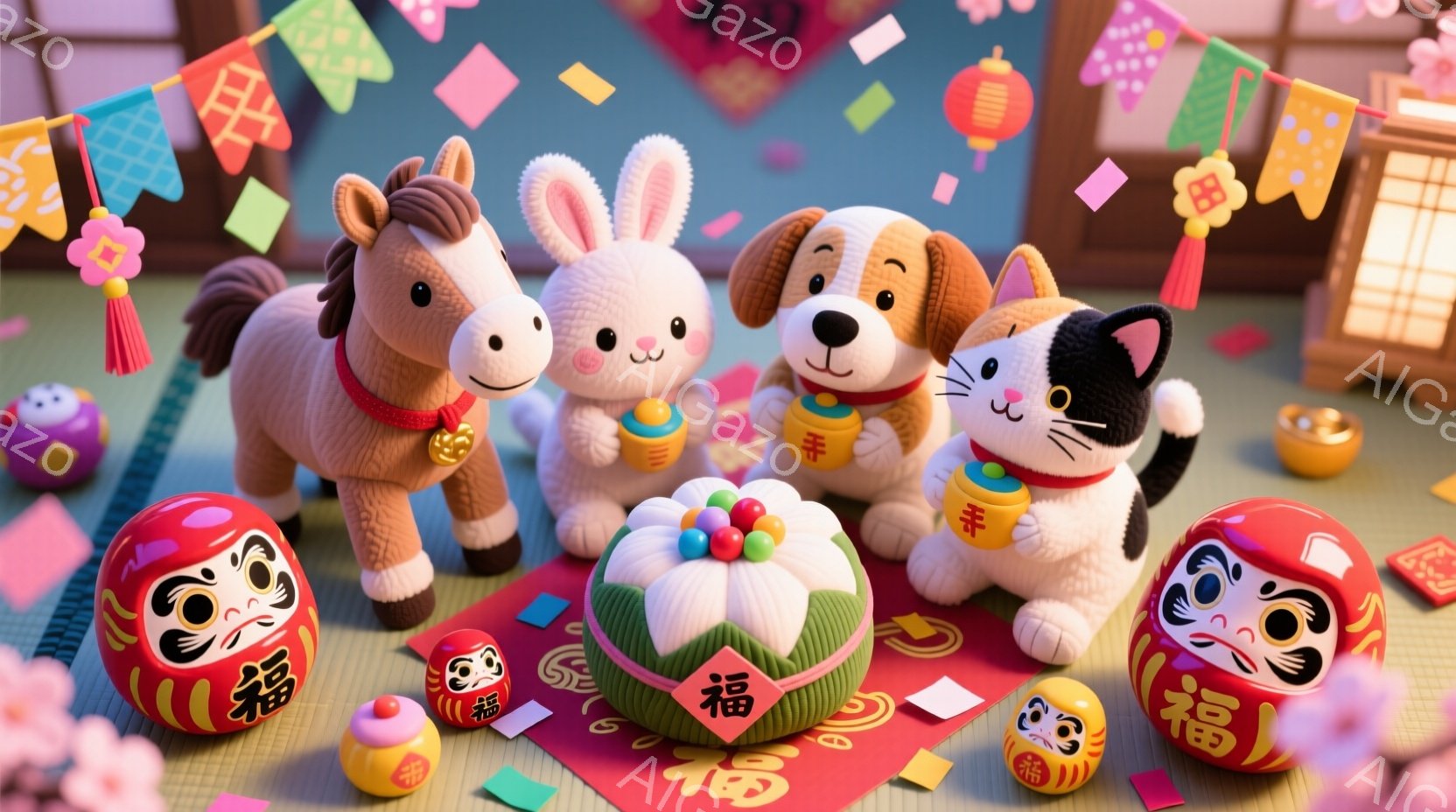 鮮やかな畳の床の上に、ダルマ、卯、犬、猫の置物が並んでいます。置物はそれぞれ赤いリボンや「寿」の文字が入った小さな衣装を身につけ、愛らしい表情を浮かべています。背景には、提灯や可愛らしい飾り付けが施され、お祝いの雰囲気を醸し出しています。