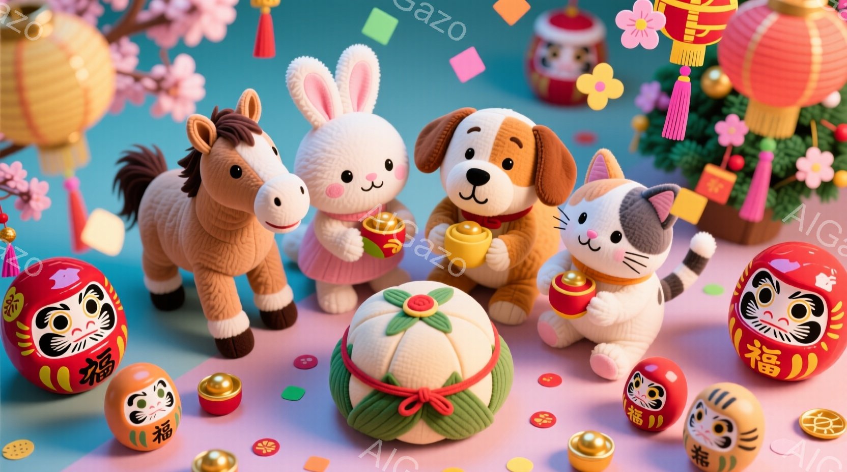 可愛らしい動物たちが、金色のインゴットを手に持っている様子が描かれています。背景には、ピンク色の桜の花びらや、中国風の装飾が施された建物が見え、お祝いの雰囲気が漂っています。全体的に明るく暖かく、縁起の良い新年を祝うような、幸福感に満ちたイメージです。