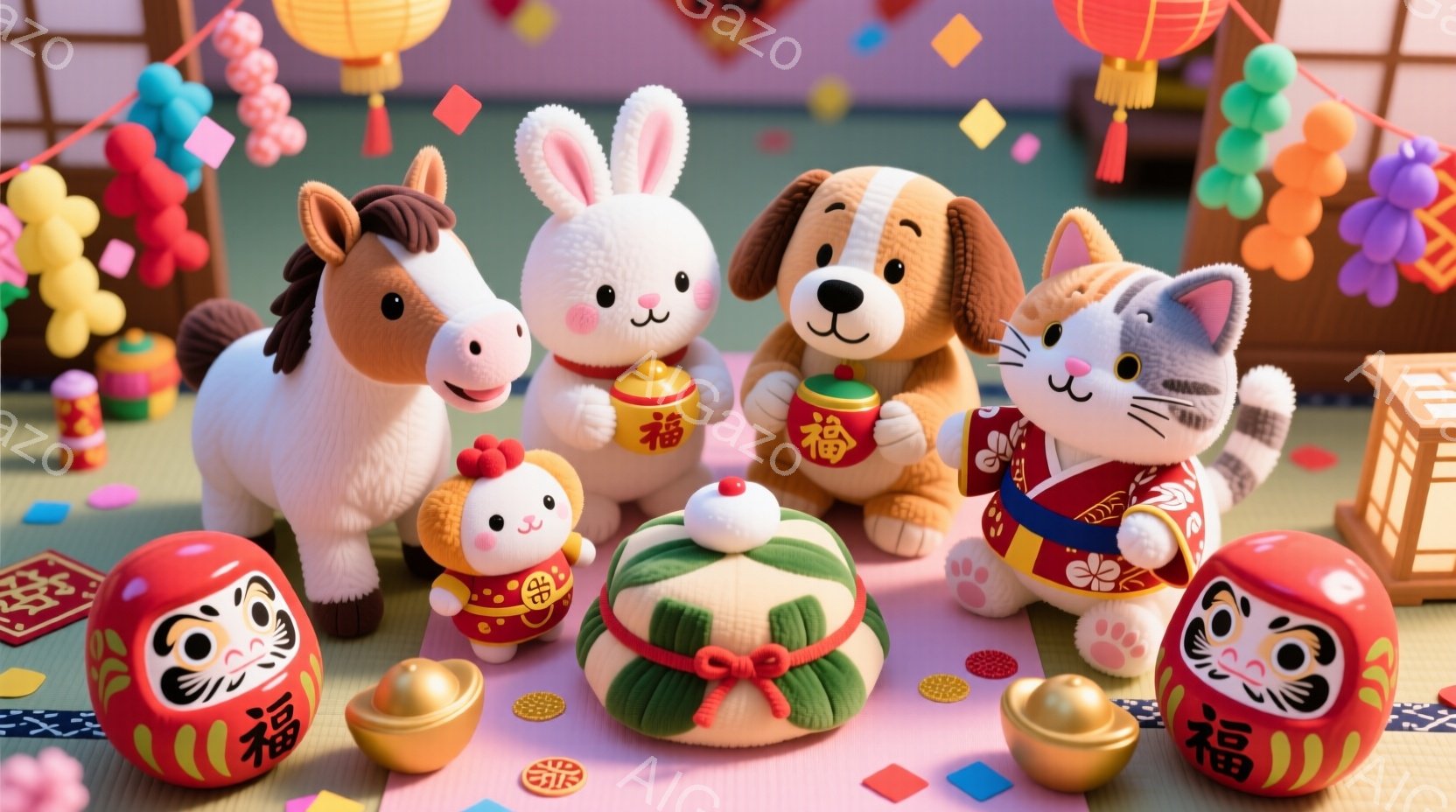 明るいピンク色の畳の上に、可愛らしい動物たちが集まっています。それぞれの動物は伝統的な日本の衣装を着ており、特に猫は赤い着物に花柄が描かれています。背景には、提灯や金貨、招き猫、お正月飾りが散りばめられており、お祝いの雰囲気が漂っています。