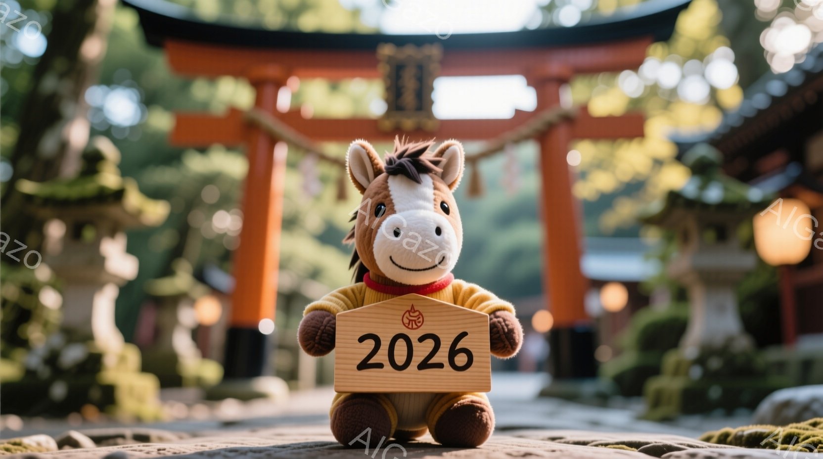 ふわふわの茶色の馬のぬいぐるみは、黄色いセーターを着て、胸に「2026」と書かれた木製のプレートを抱えています。背景には朱色の鳥居と石畳の道、緑豊かな自然が見え、晴天の下、明るく暖かい雰囲気です。ぬいぐるみの表情は穏やかで、来年の干支を象徴する可愛らしい姿が印象的です。