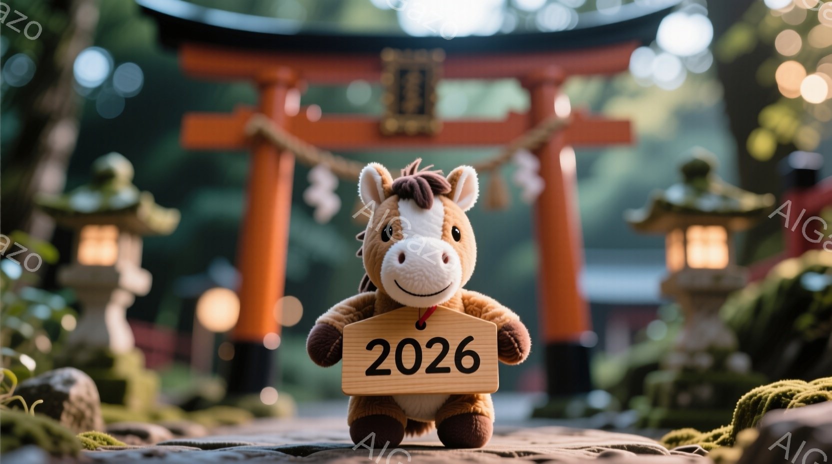 ぬいぐるみは茶色い馬で、可愛らしい表情をしています。首には「2026」と書かれた小さな木製のプレートが掛けられており、石畳の道の上に立っています。背景には朱色の鳥居と苔むした石灯籠が見え、緑豊かな自然に囲まれた神聖な雰囲気が漂っています。