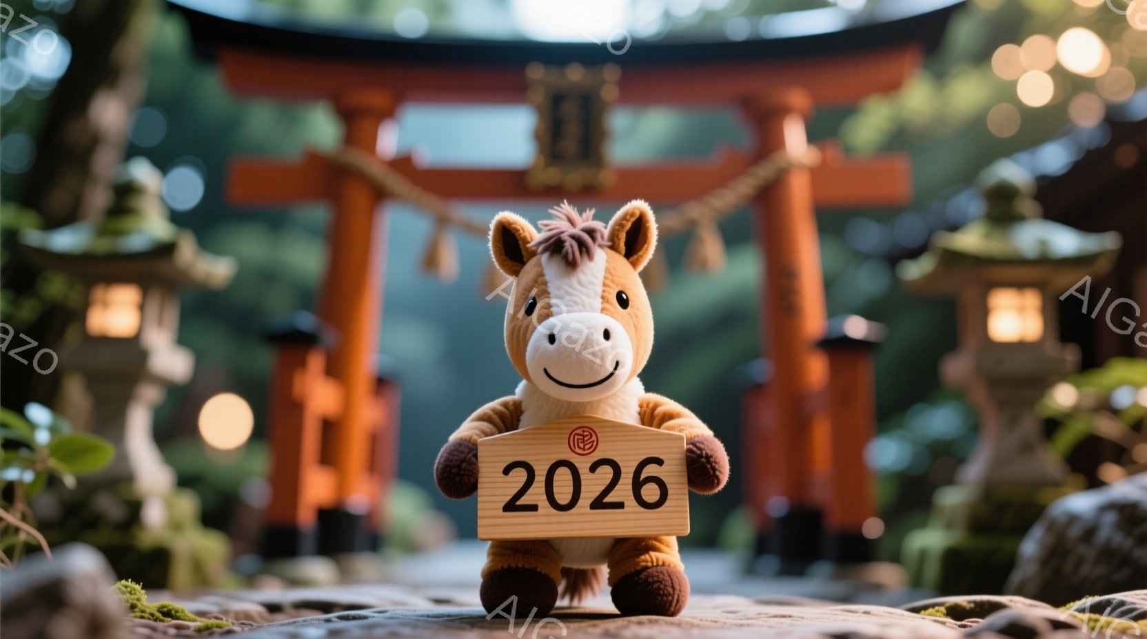 明るい茶色のぬいぐるみ馬が、2026と書かれた木製の板を持っています。背景には朱色の鳥居と緑豊かな自然が広がり、苔むした石畳の道の上に馬が立っています。全体的に穏やかで温かい雰囲気で、新しい年を象徴しているようです。